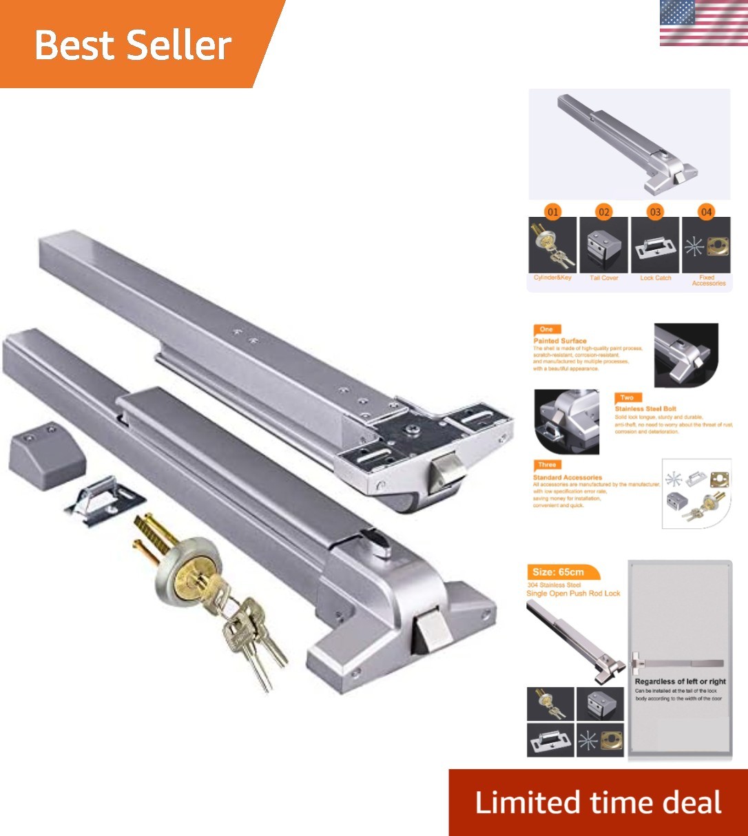 Durable Iron & Stainless Steel Panic Exit Bar for Metal/Wood Doors – 25.59″x6.1″