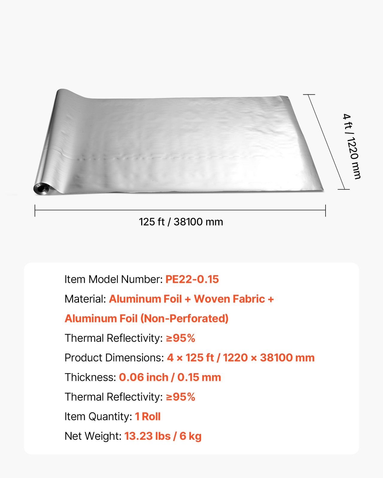 VEVOR Double Reflective Insulation Roll Woven Cloth Radiant Barrier 48in x 125ft