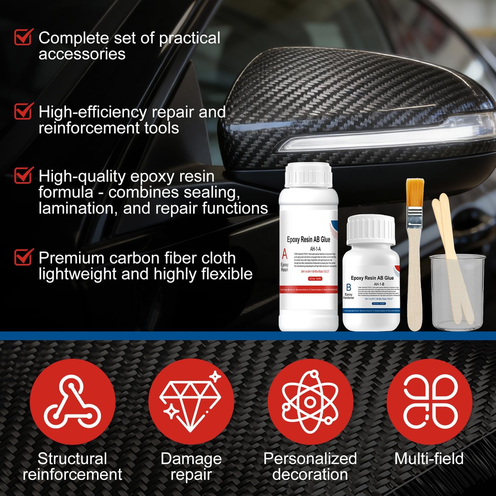 Carbon Fiber Repair Kit, Black Cloth, clear