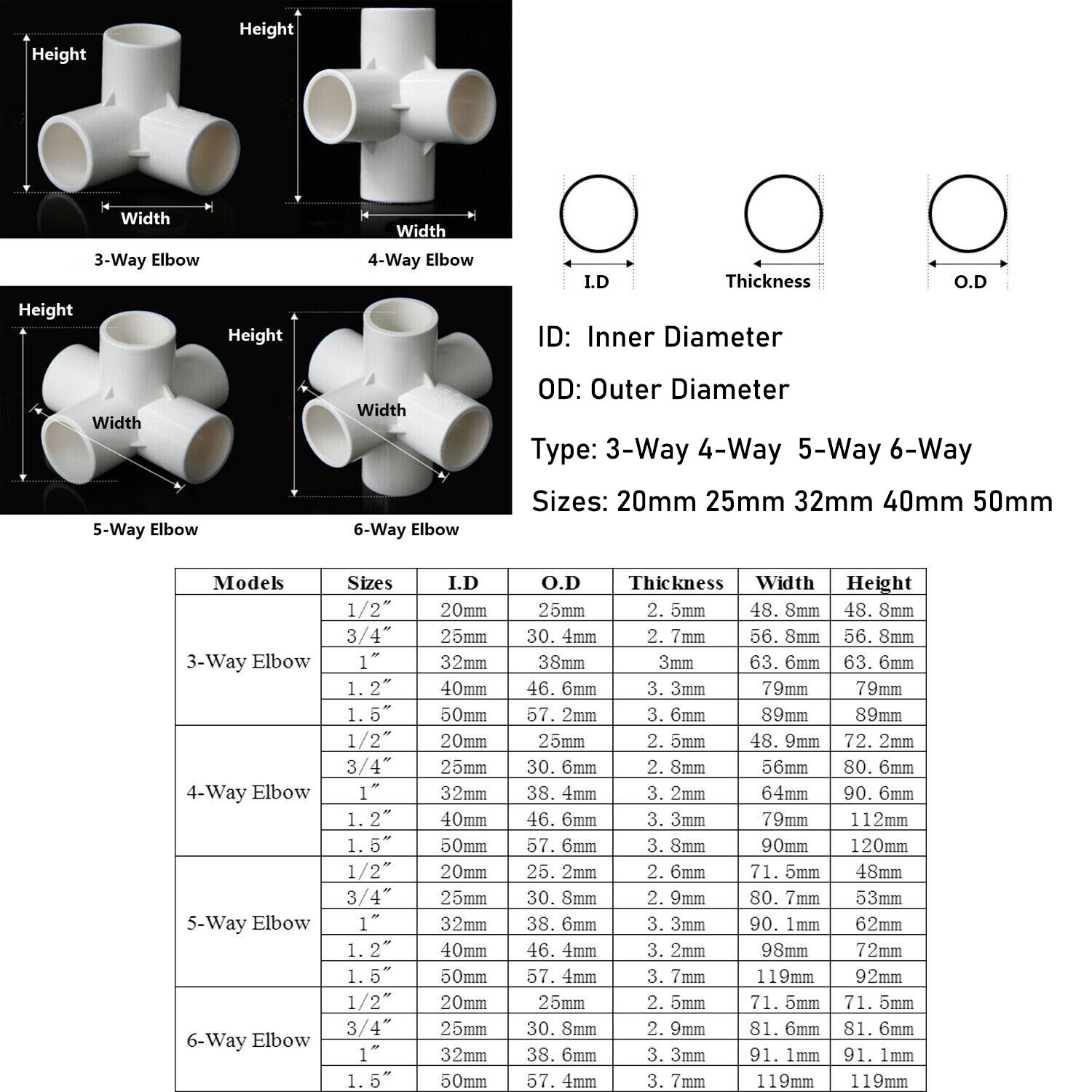 PVC 3/4/5/6-Way Elbow Connector Pipe Fittings 20/25/32/40/50mm White/Blue/Grey