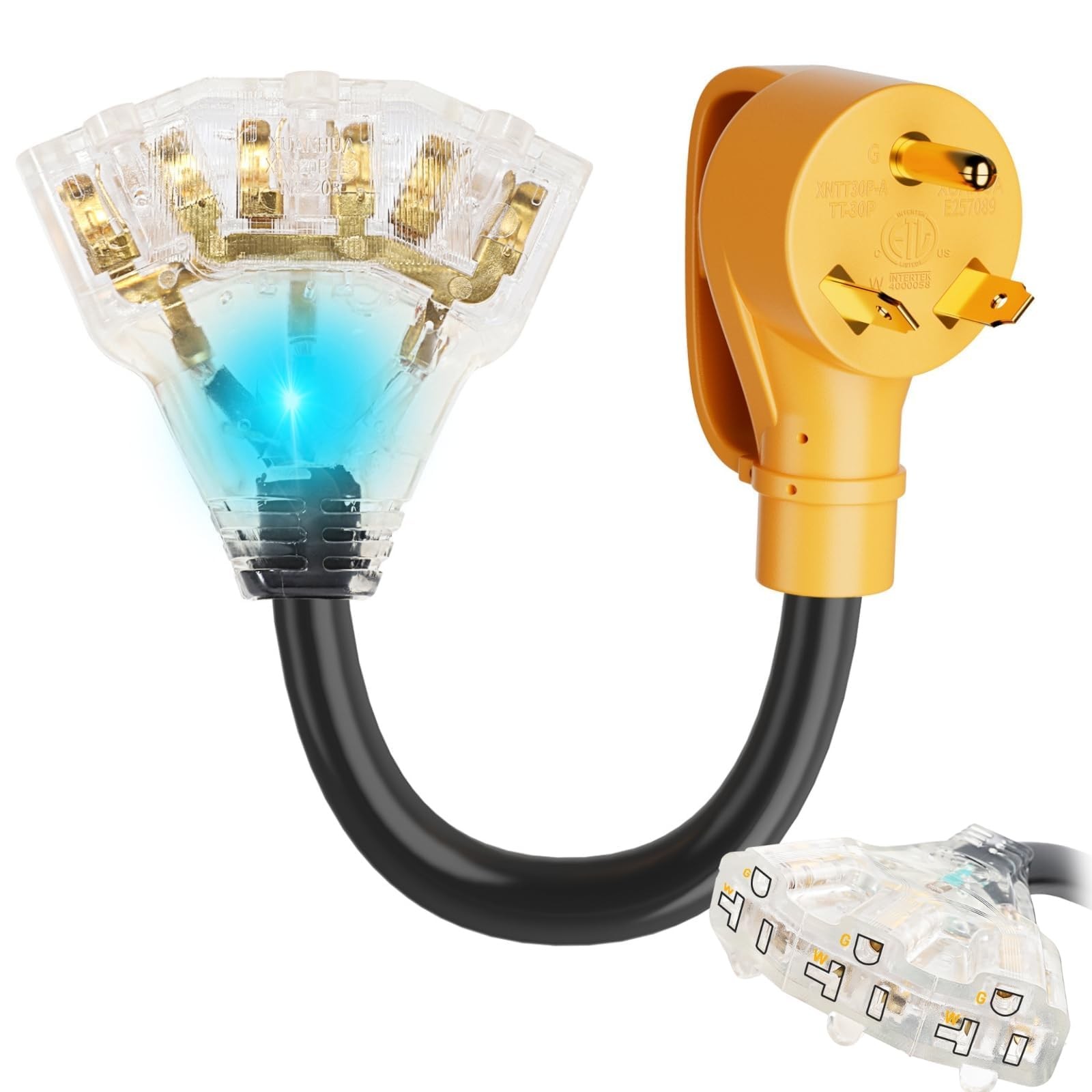 MECMO 30 Amp to 20 110V RV Distribution Adapter NEMA TT-30P Male Yellow