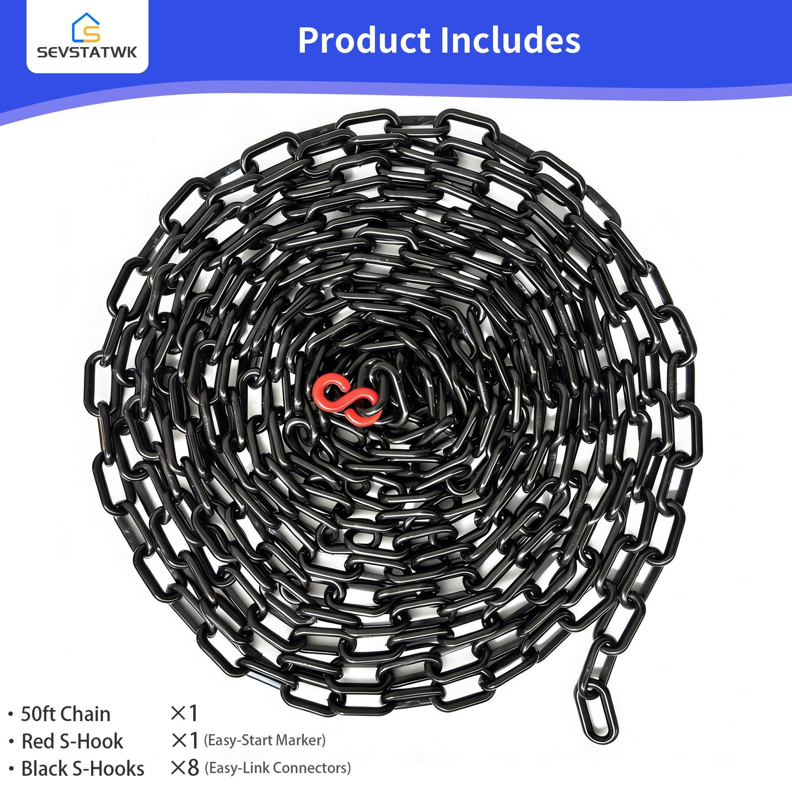 SEVSTATWK Black Plastic Chain 50ft, 1.42″ Link, High Visibility 50ft