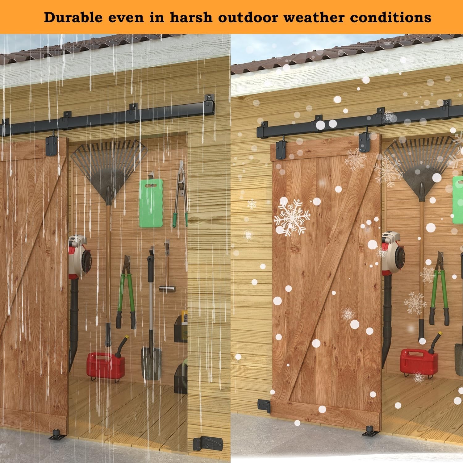8FT Black Box Rail Exterior Barn Door Hardware Kit, Sliding Heavy Duty Barn D…