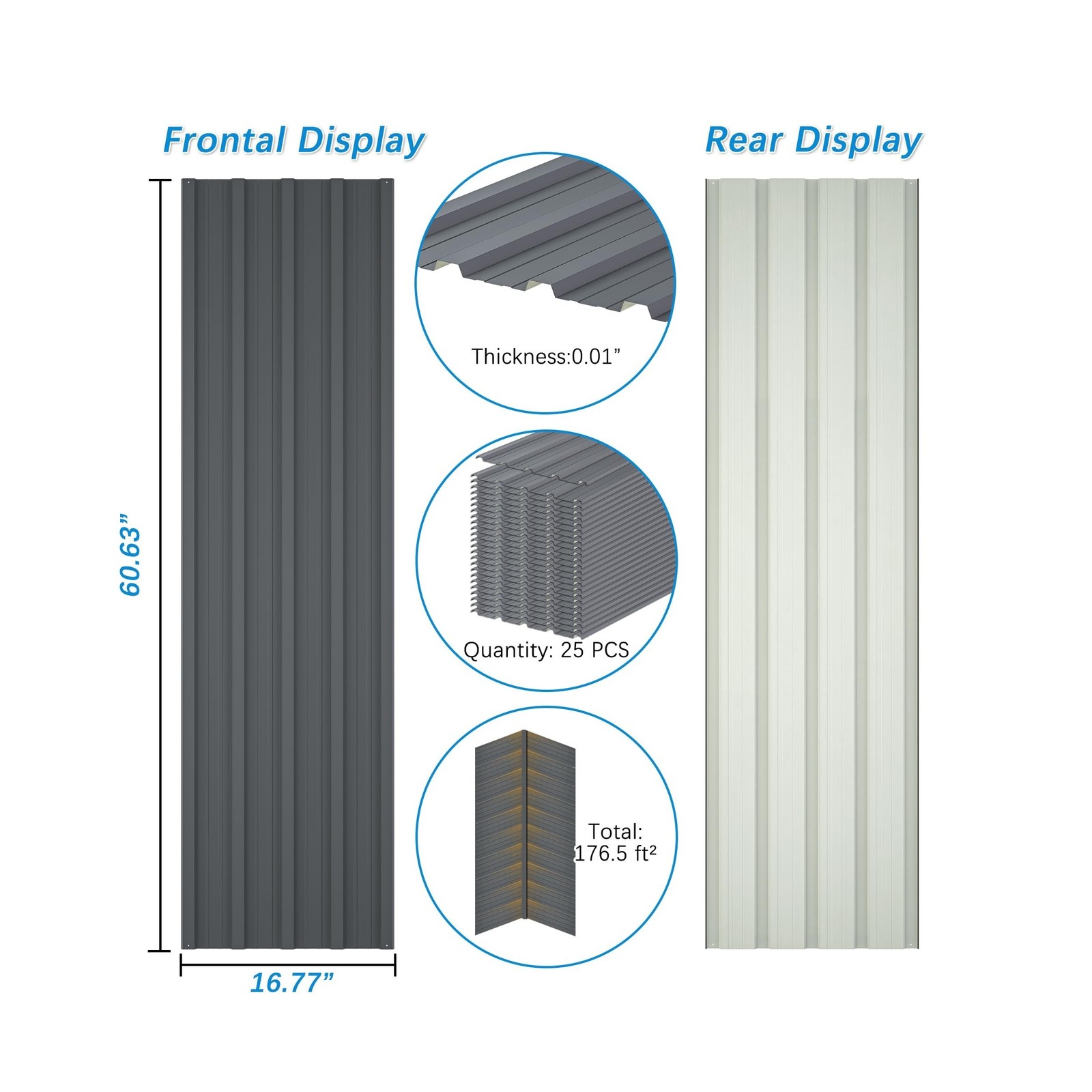 Metal Roof Panels 25 Pcs Gray Roofing Panels Galvanized Steel with Screw Resi…