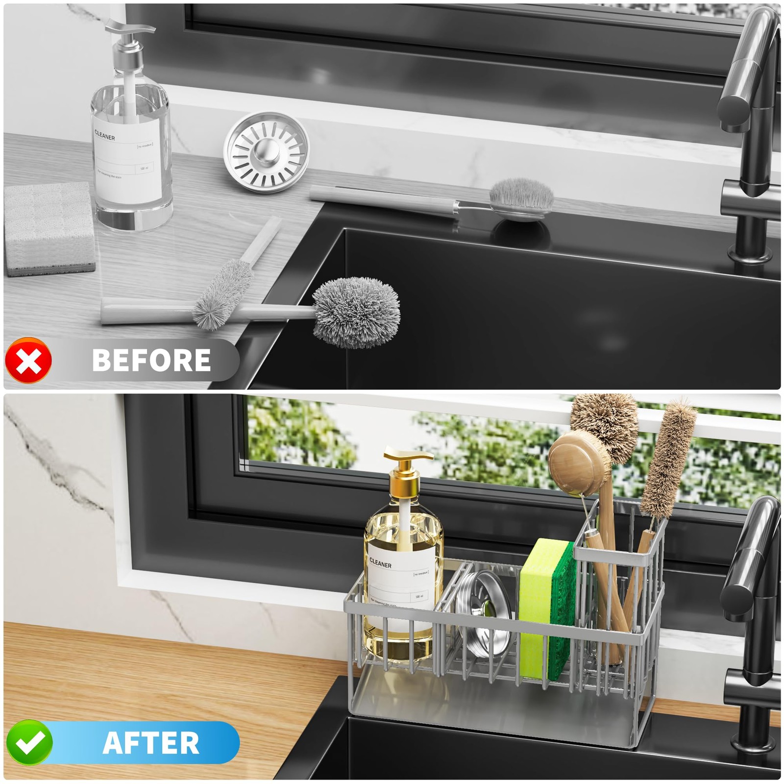 Cisily Sink Caddy Organzier with High Brush Holder, Sponge Holder 9.25″, Grey
