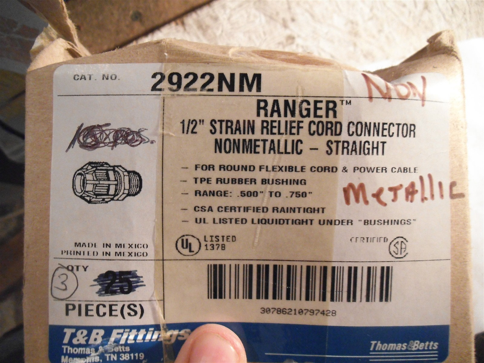 Qty=3: Thomas & Betts 2922NM Nylon 1/2″ Straight Cord Connector