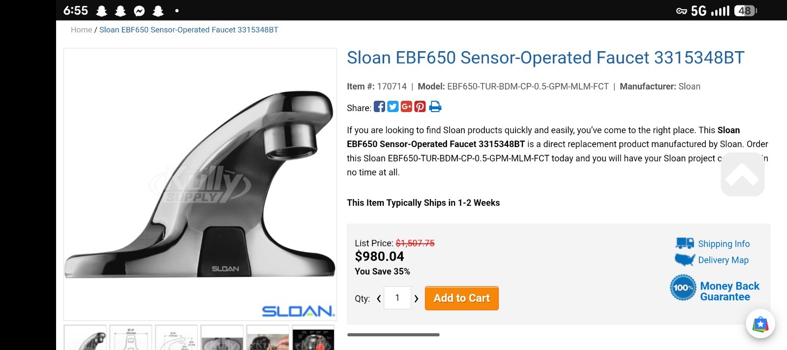 Sloan Optima Plus EBF650 Touchless Battery Sensor Faucet Chrome ADA