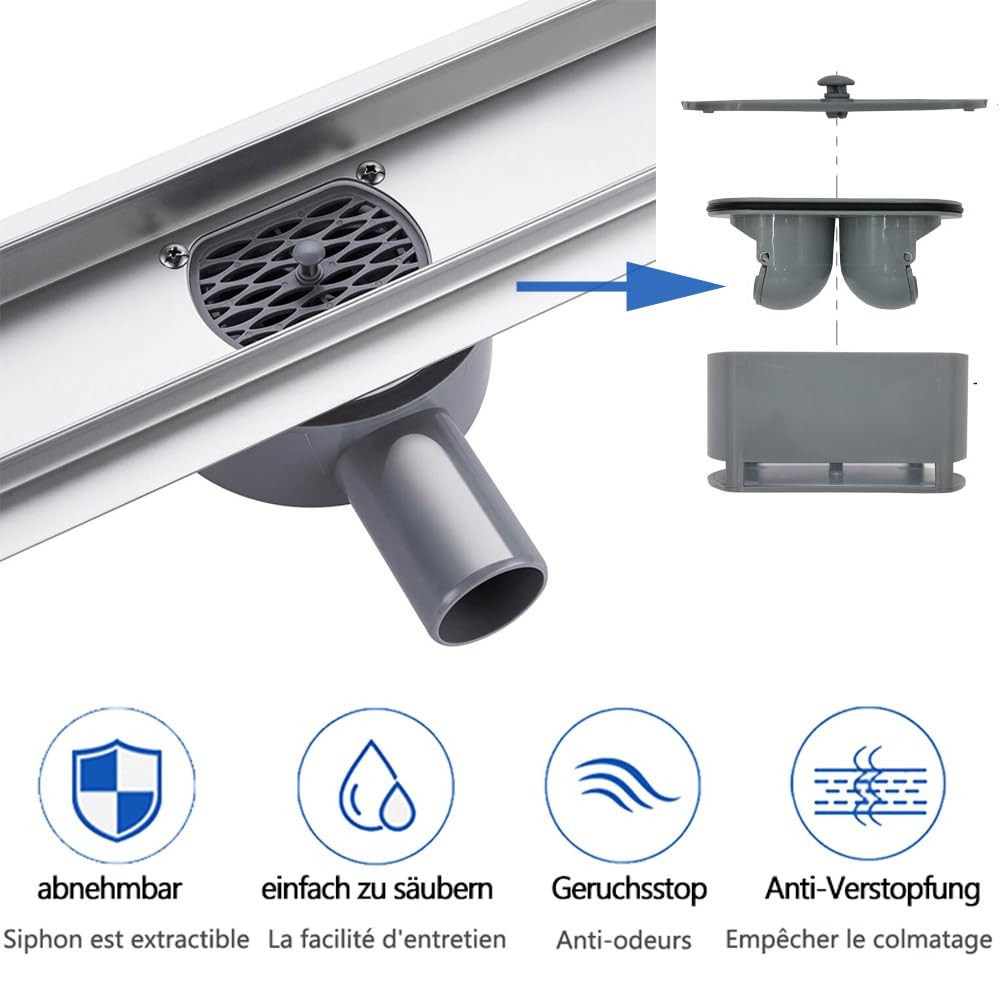 Shower Channel 70 cm Tileable 360 Degree Stainless Steel Complete Set Shower Drain Extra…