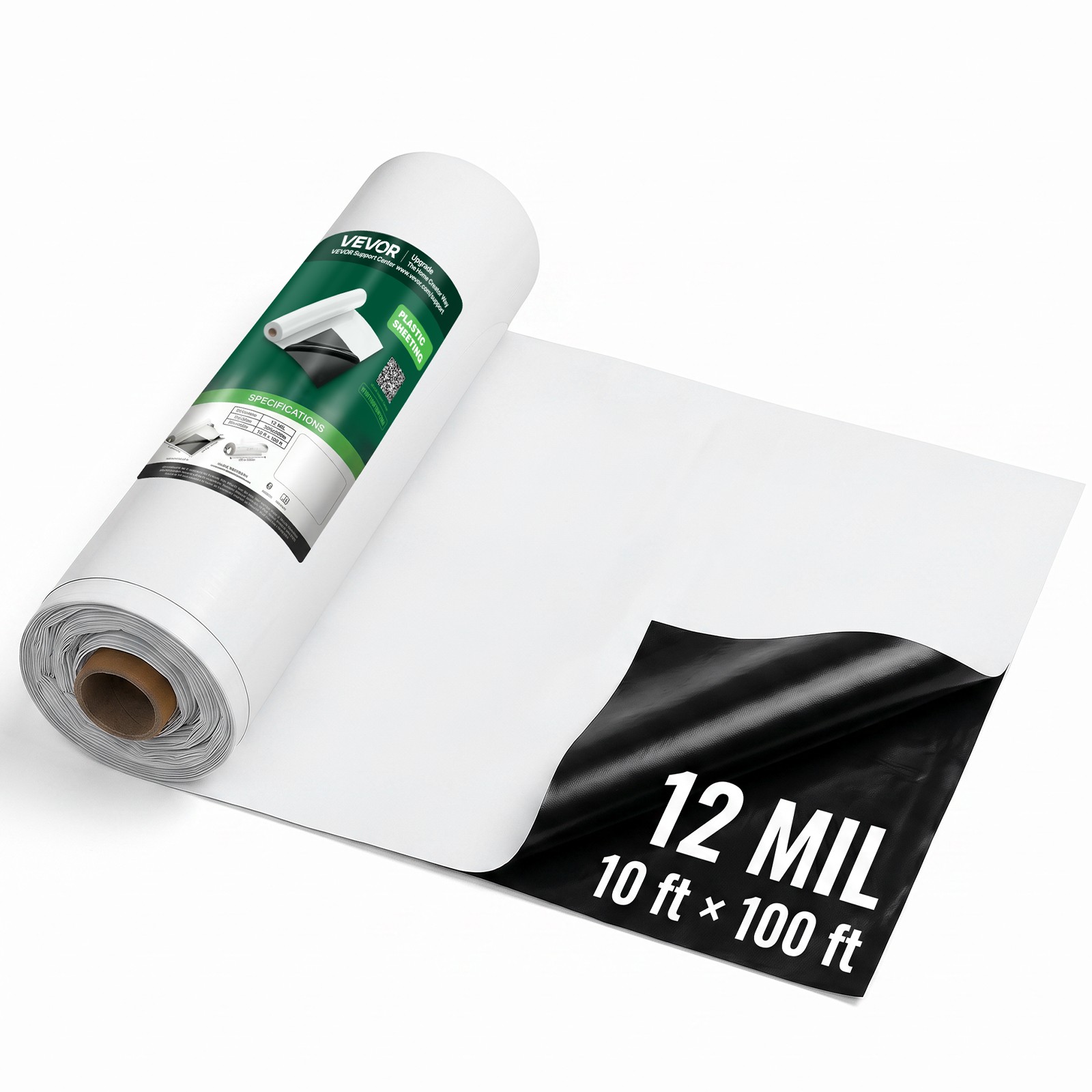 VEVOR 12 Mil Plastic Sheeting Roll 10×100 ft Heavy Duty Polyethylene Black/White