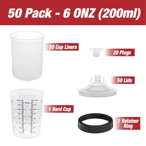 Disposable Paint Spray Gun Cup Liners & Lid System, 50 Pack 6oz Mini Kit