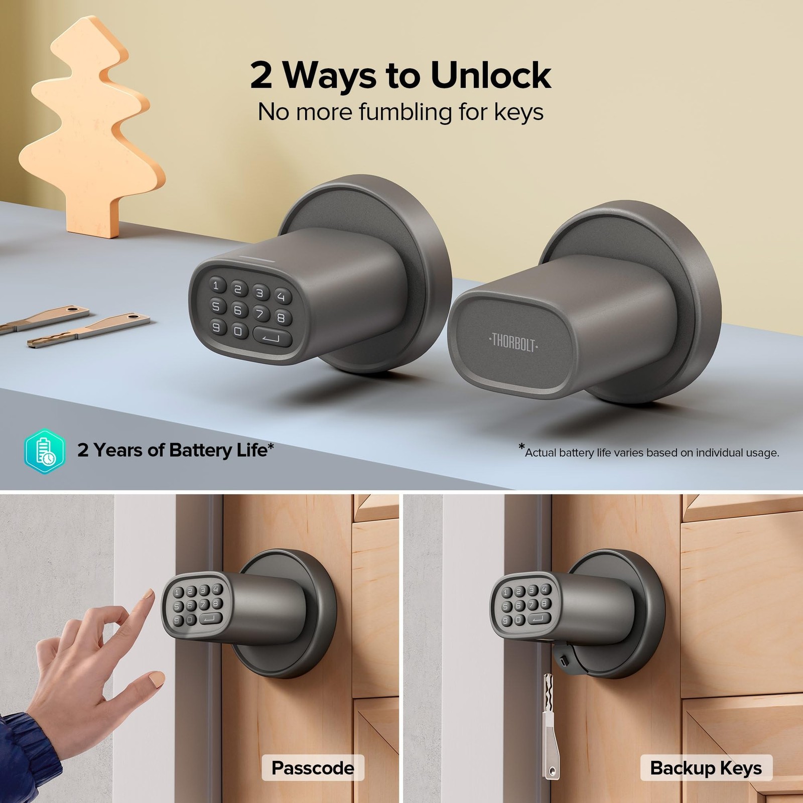 ThorBolt M1 Door Knob with Keypad Keyless Entry for Interior, Titanium | 4x A…