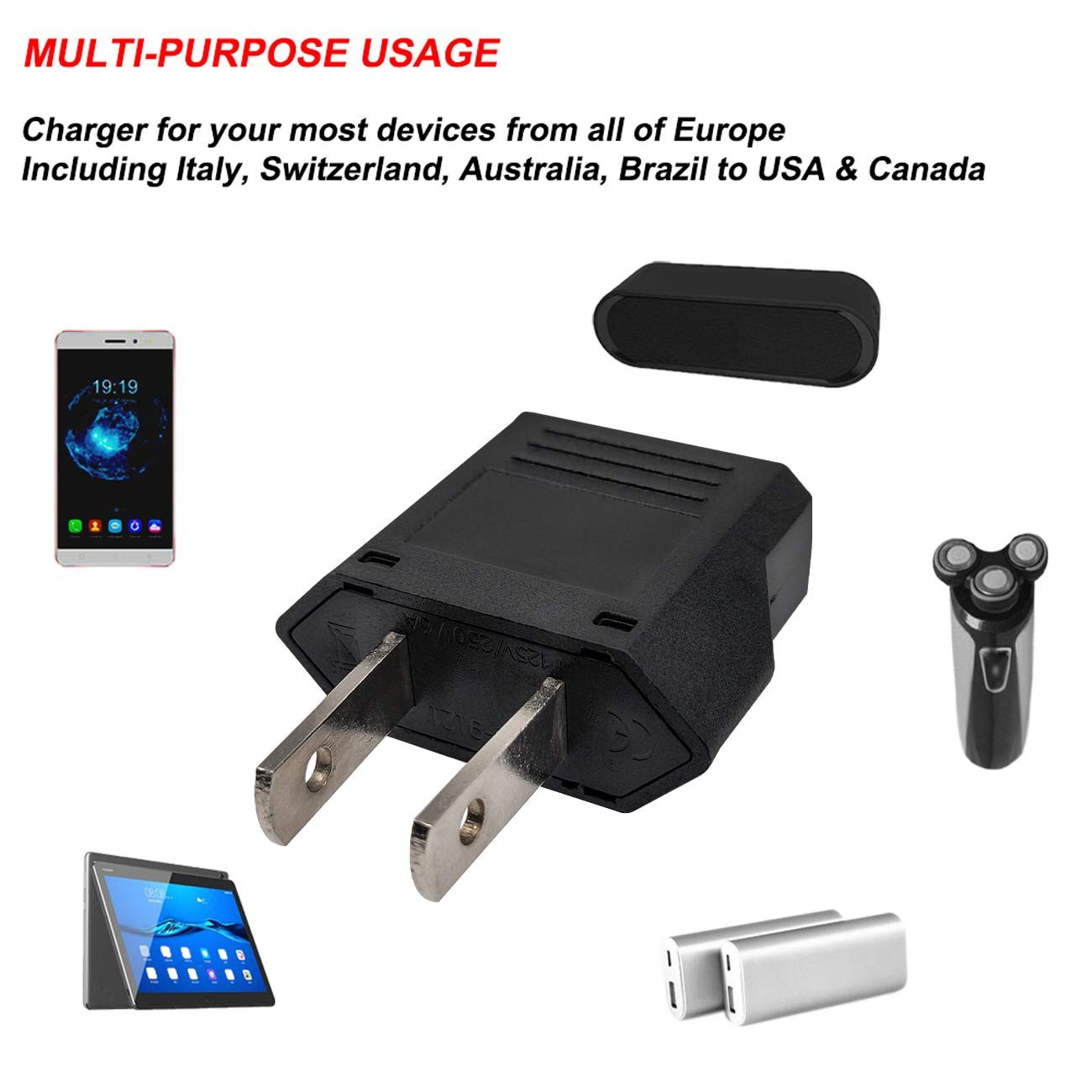 YXTH European to US Plug Adapter, Black, 2-Pack, Type E/F 2-PACK, Black