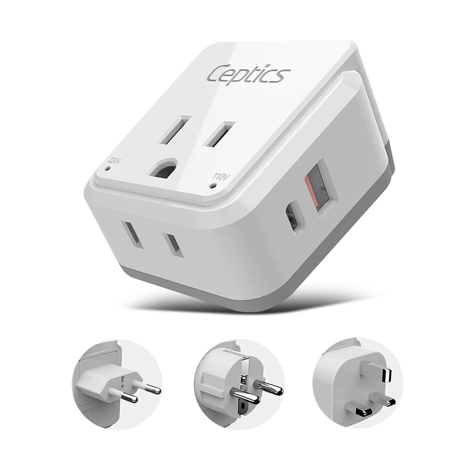 Ceptics European Plug Travel Adapter Set, 20W PD & QC, Safe Dual white gray