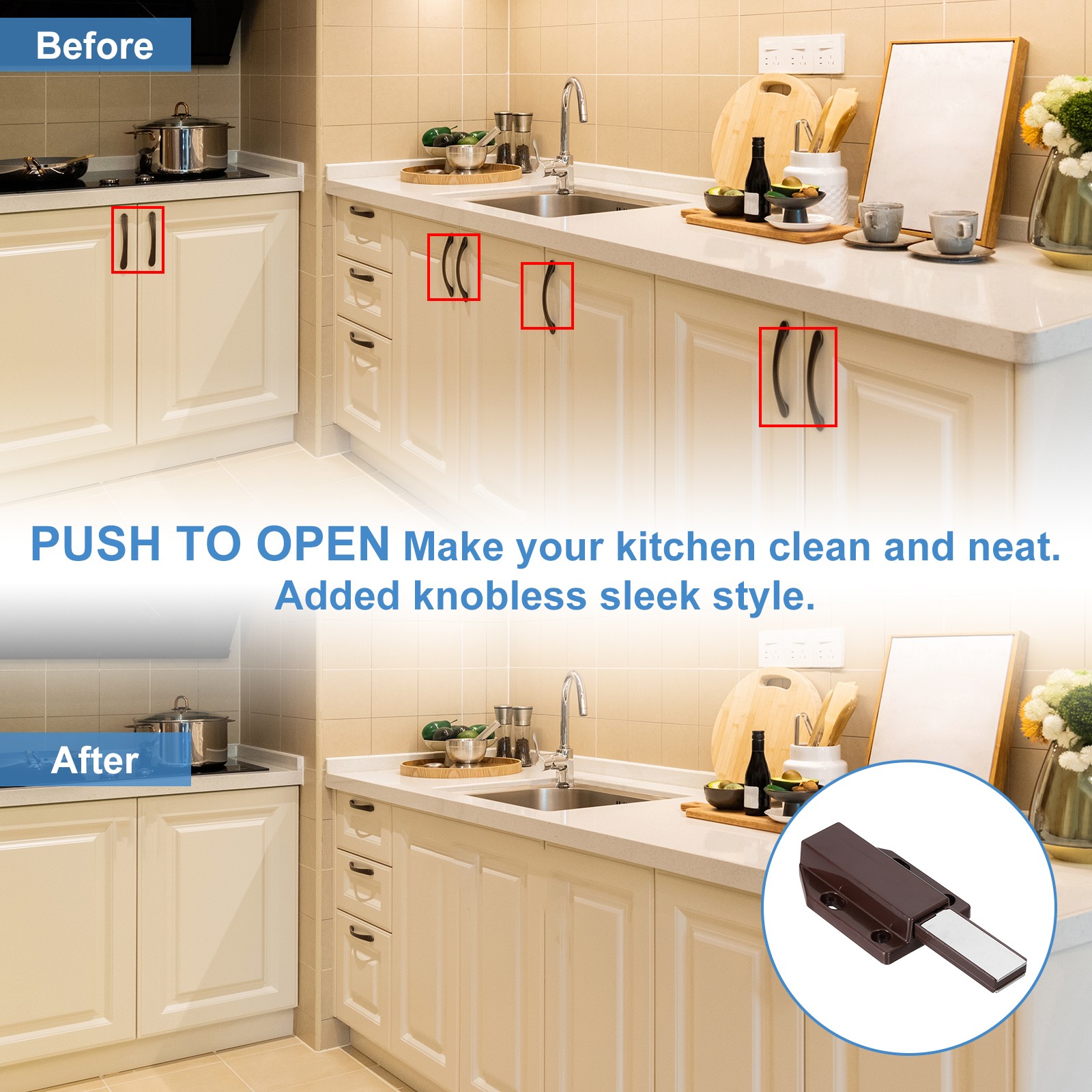 2 Pcs Magnetic Push Latches for Cabinet, 3×1.81 Inch Push to Open Latch Brown