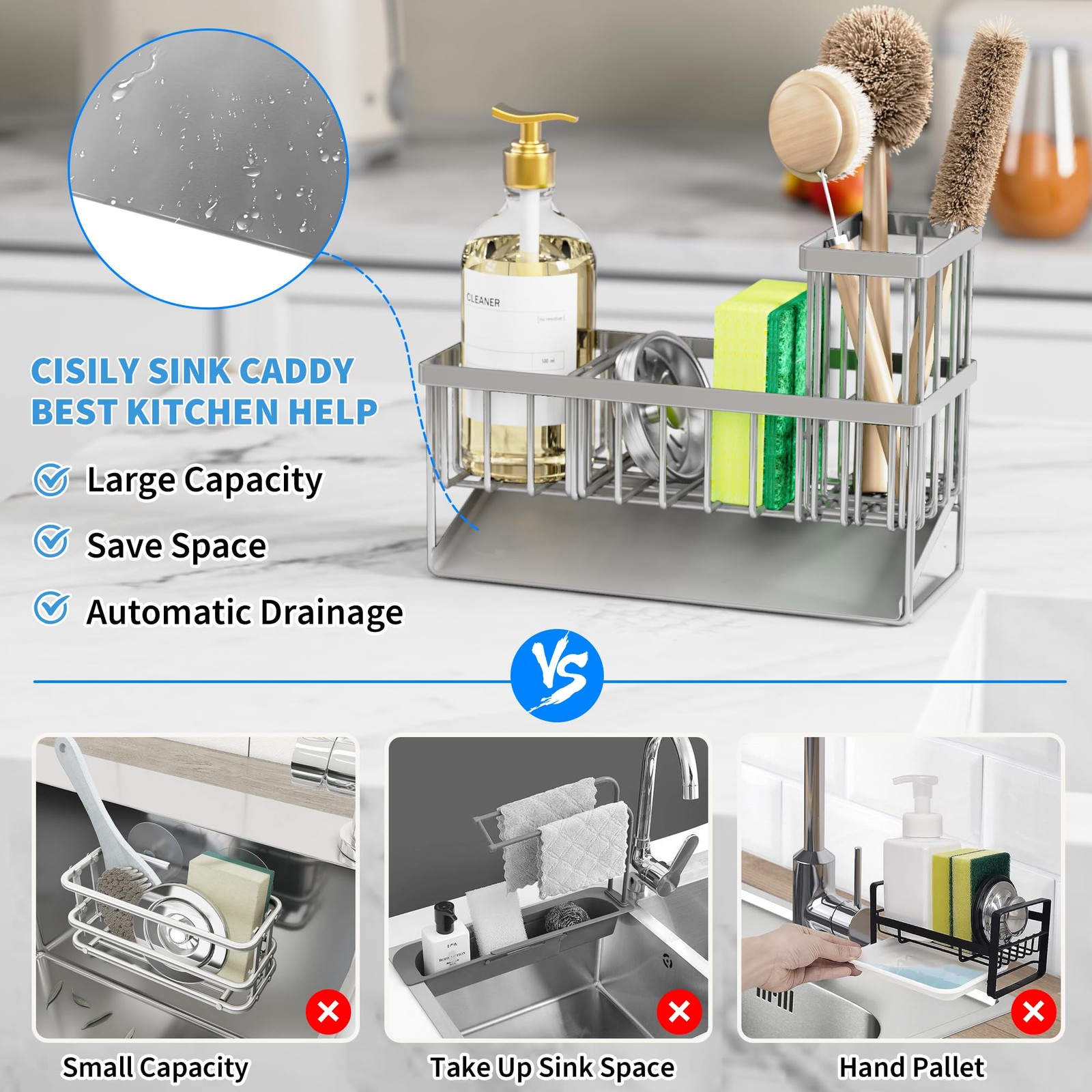 Cisily Sink Caddy Organzier with High Brush Holder, Sponge Holder 9.25″, Grey
