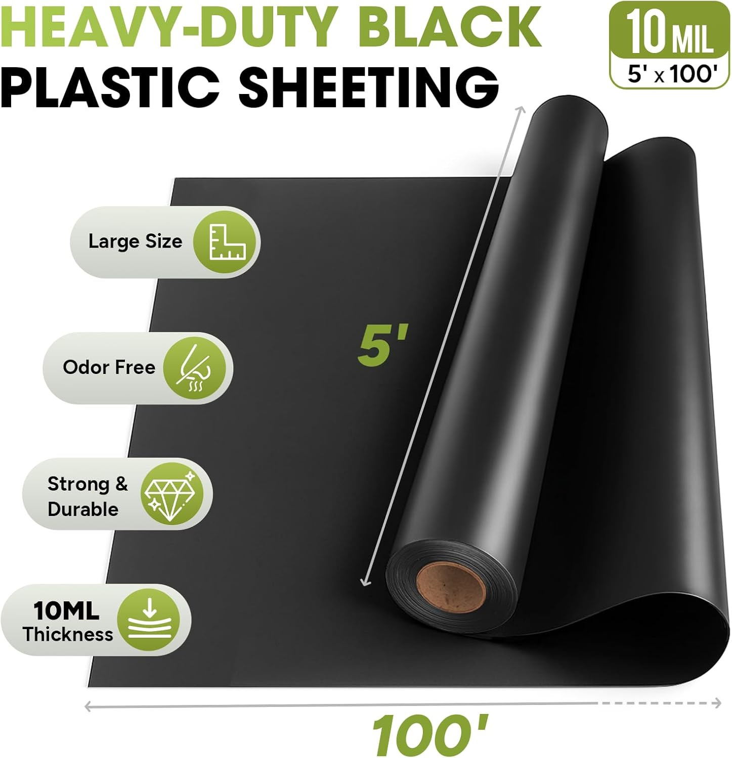 10 Mil Black Plastic Sheeting 5X100 FT – Heavy Duty Polyethylene Plastic Rolls f