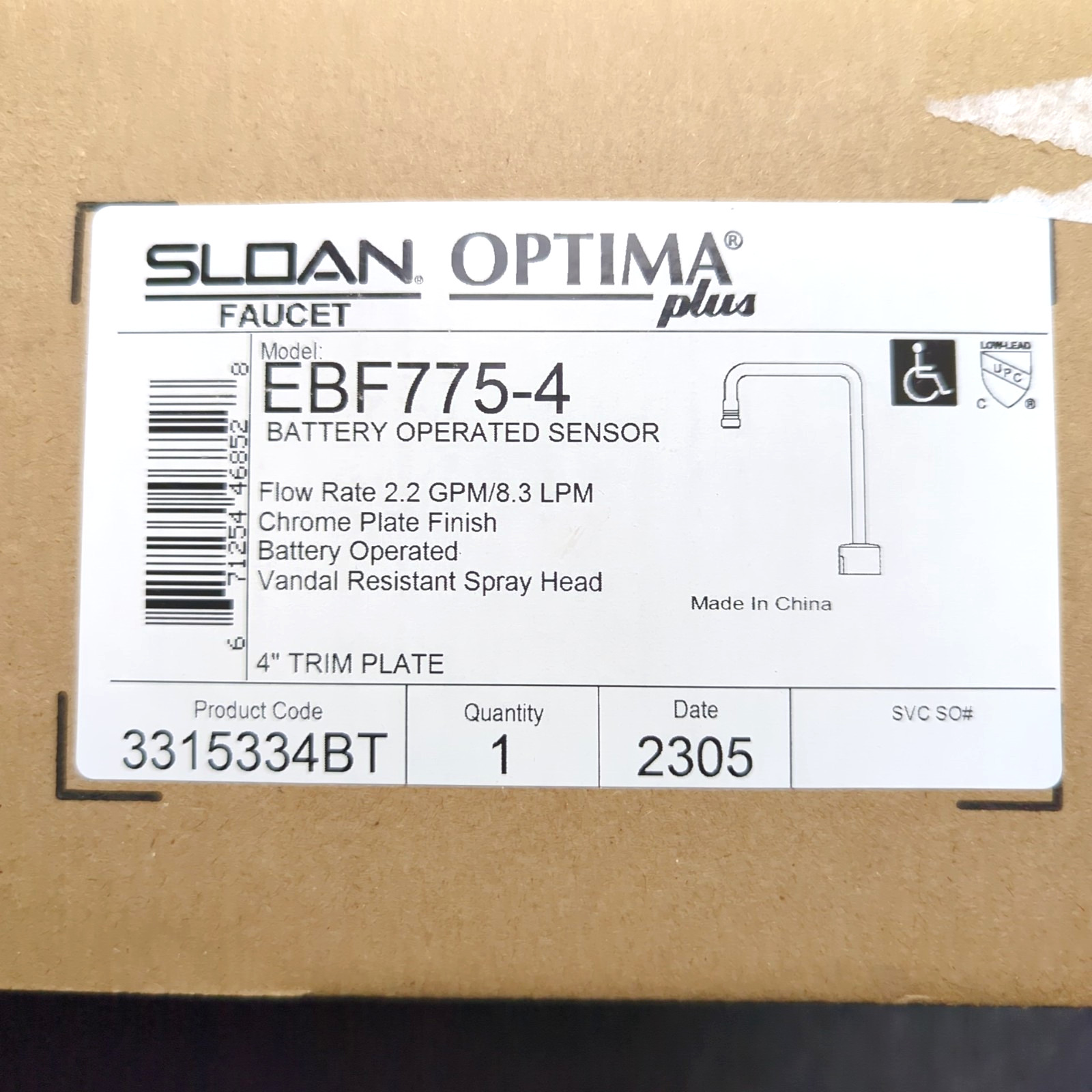 SLOAN EBF 775-4 Optima Plus Battery Operated Sensor Faucet 2.2GPM Chrome 4″ Base