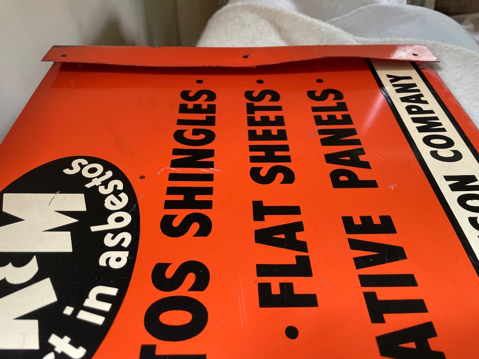 RARE Vintage K & M “Best in Asbestos” double sided porcelain/enamel flange sign