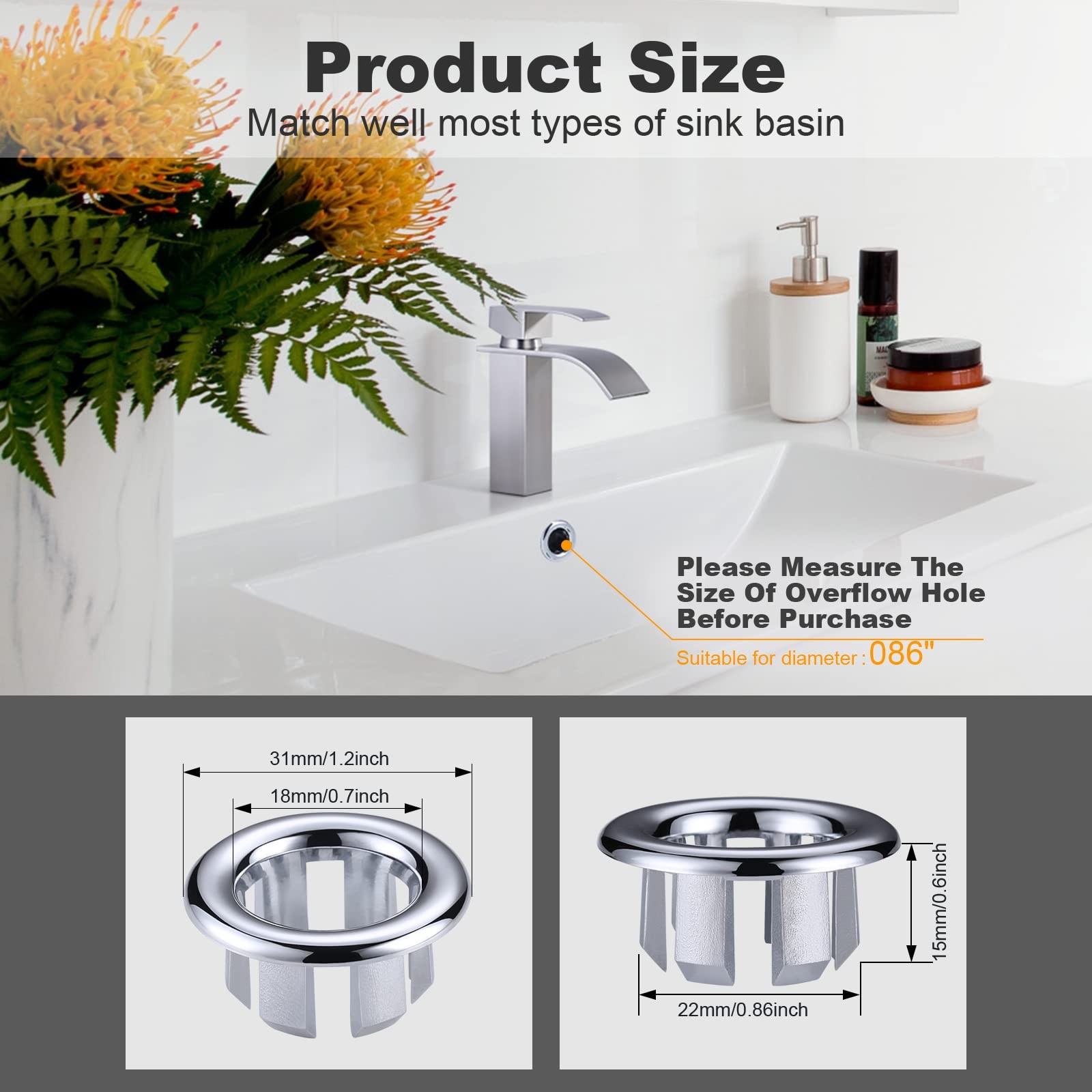 2 Pack Sink Overflow Ring, ARCORA Bathroom Kitchen Basin Chrome-2