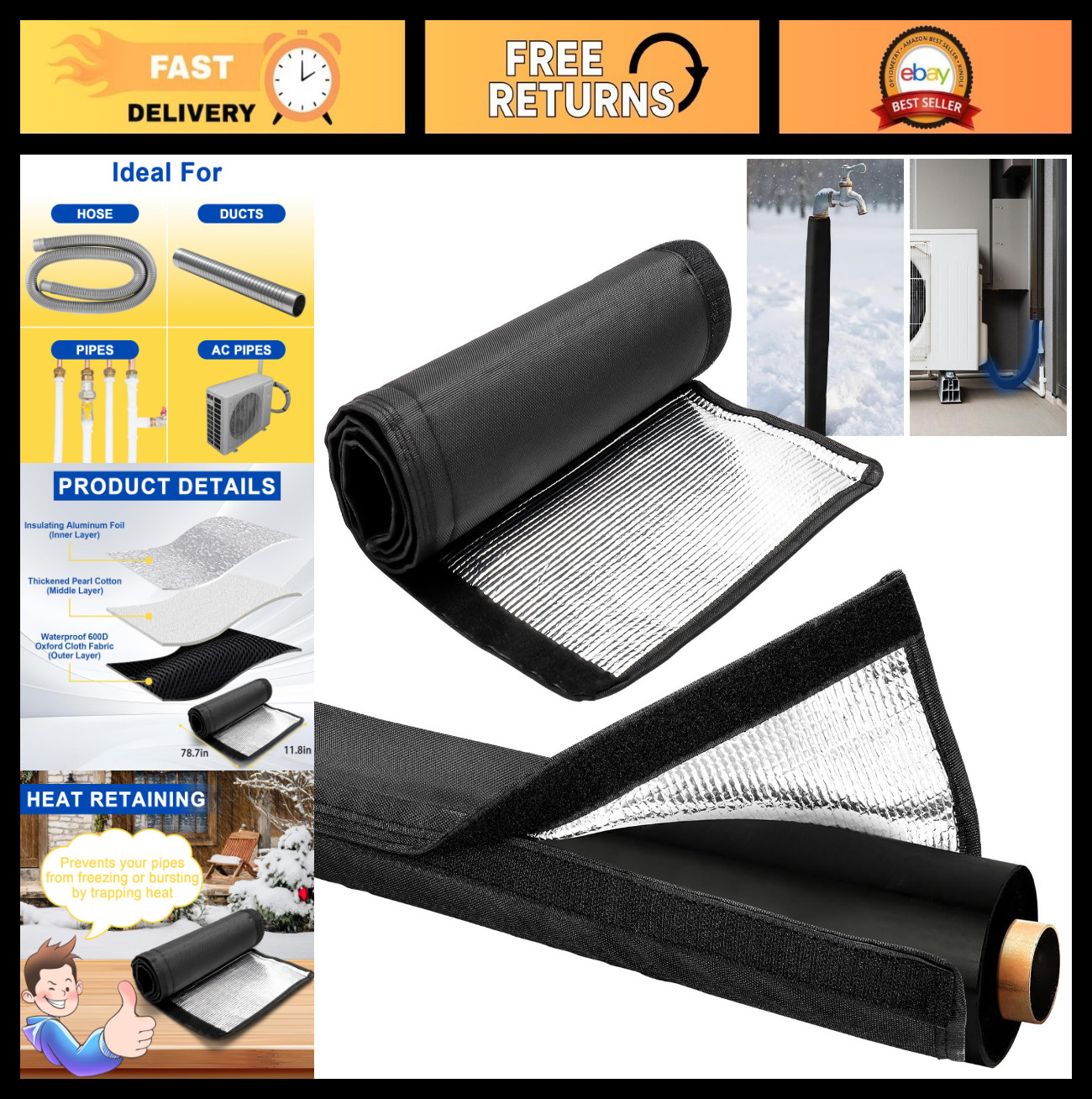 Mini Split HVAC Insulation Wrap 600D Oxford, Reflective Foil Line Set Cover, 78.