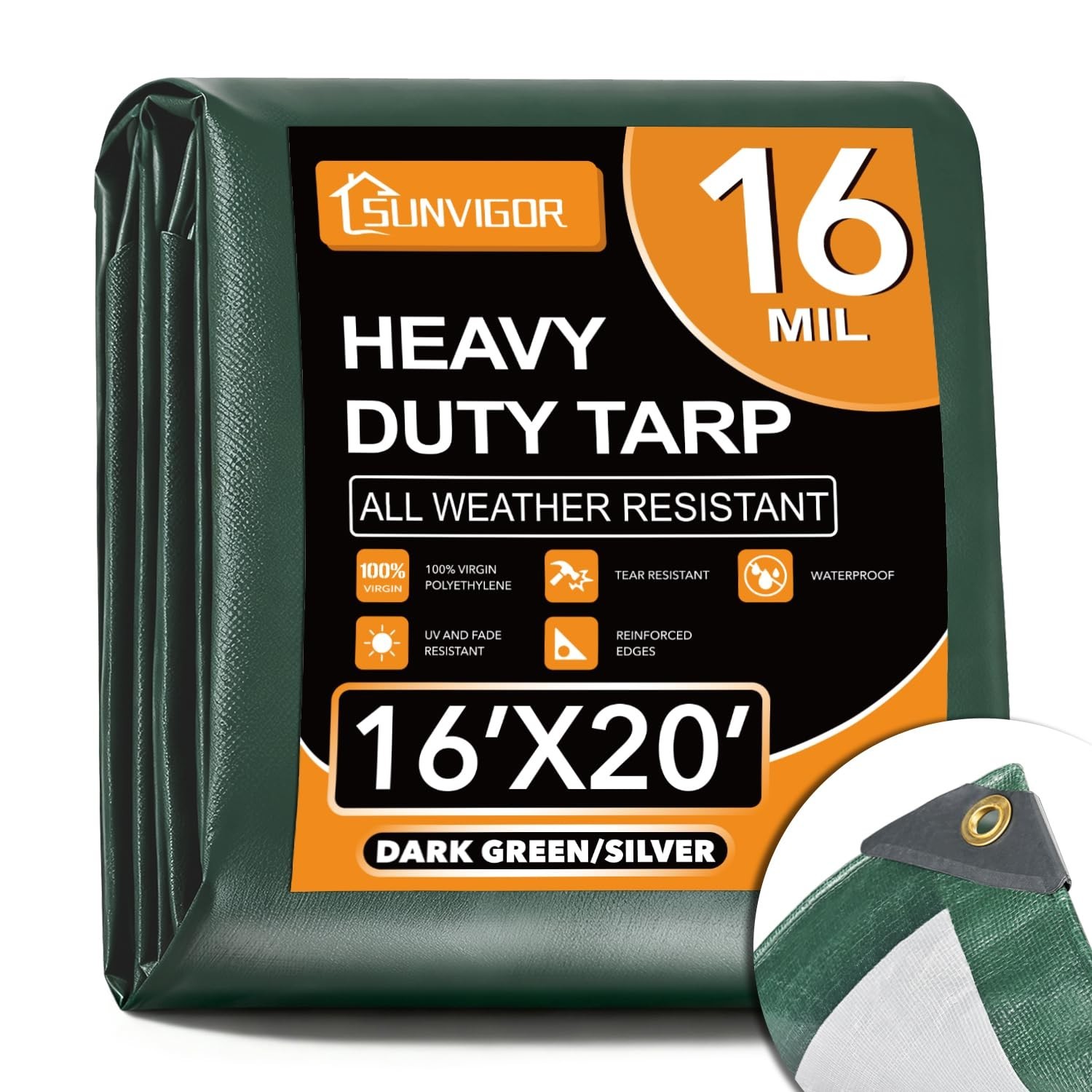 Sunvigor Tarp Waterproof 16x20Ft, Extra Thick 16 Mil Heavy Duty Tarp Cover, T…