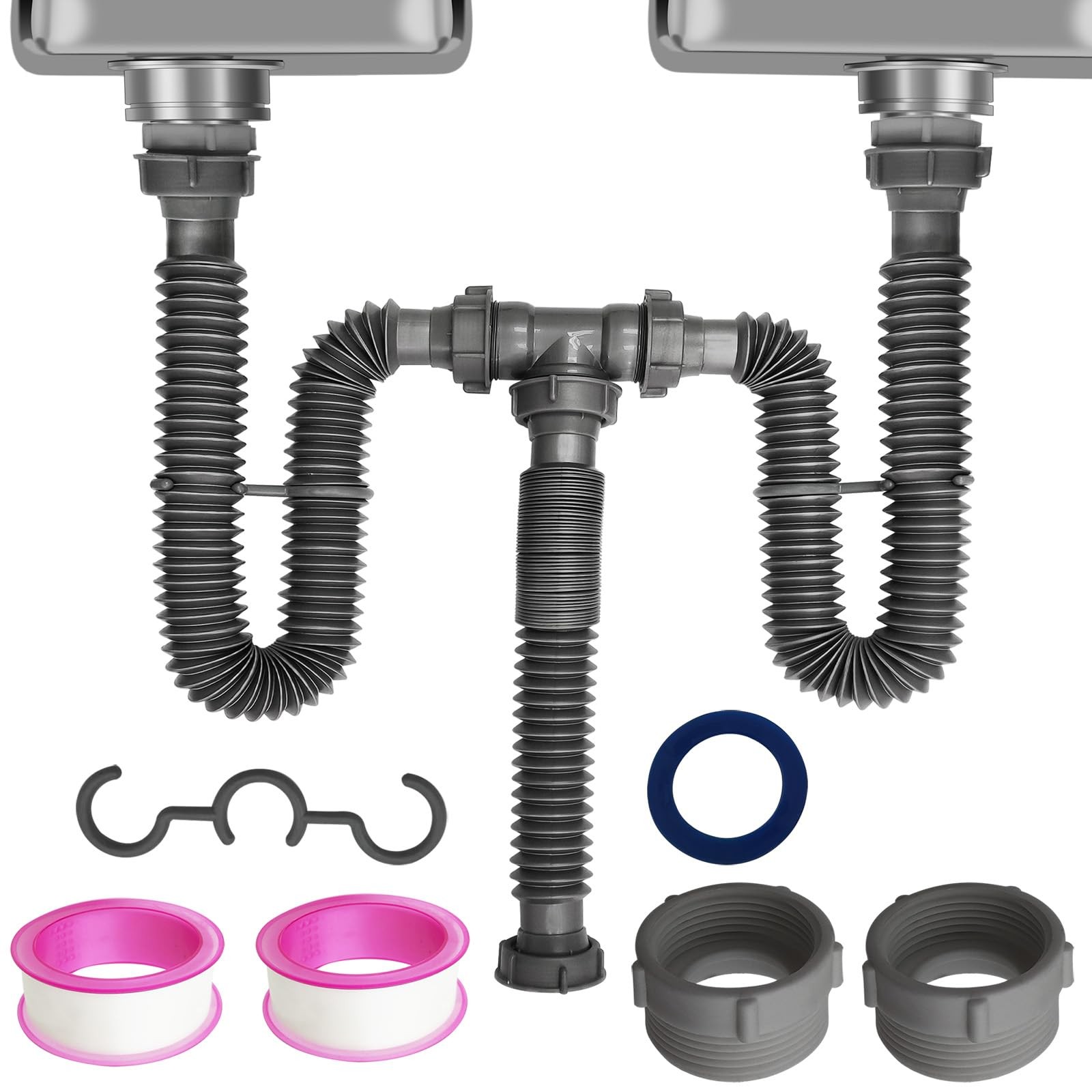 Flexible Expandable Double P-Trap Kit for 1 1-1/2″ or 1-1/4″ inches, Gray