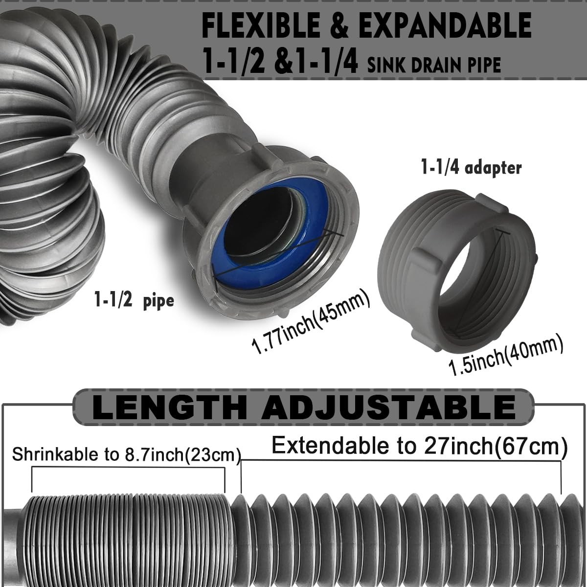 Flexible Expandable Double P-Trap Kit for 1 1-1/2″ or 1-1/4″ inches, Gray