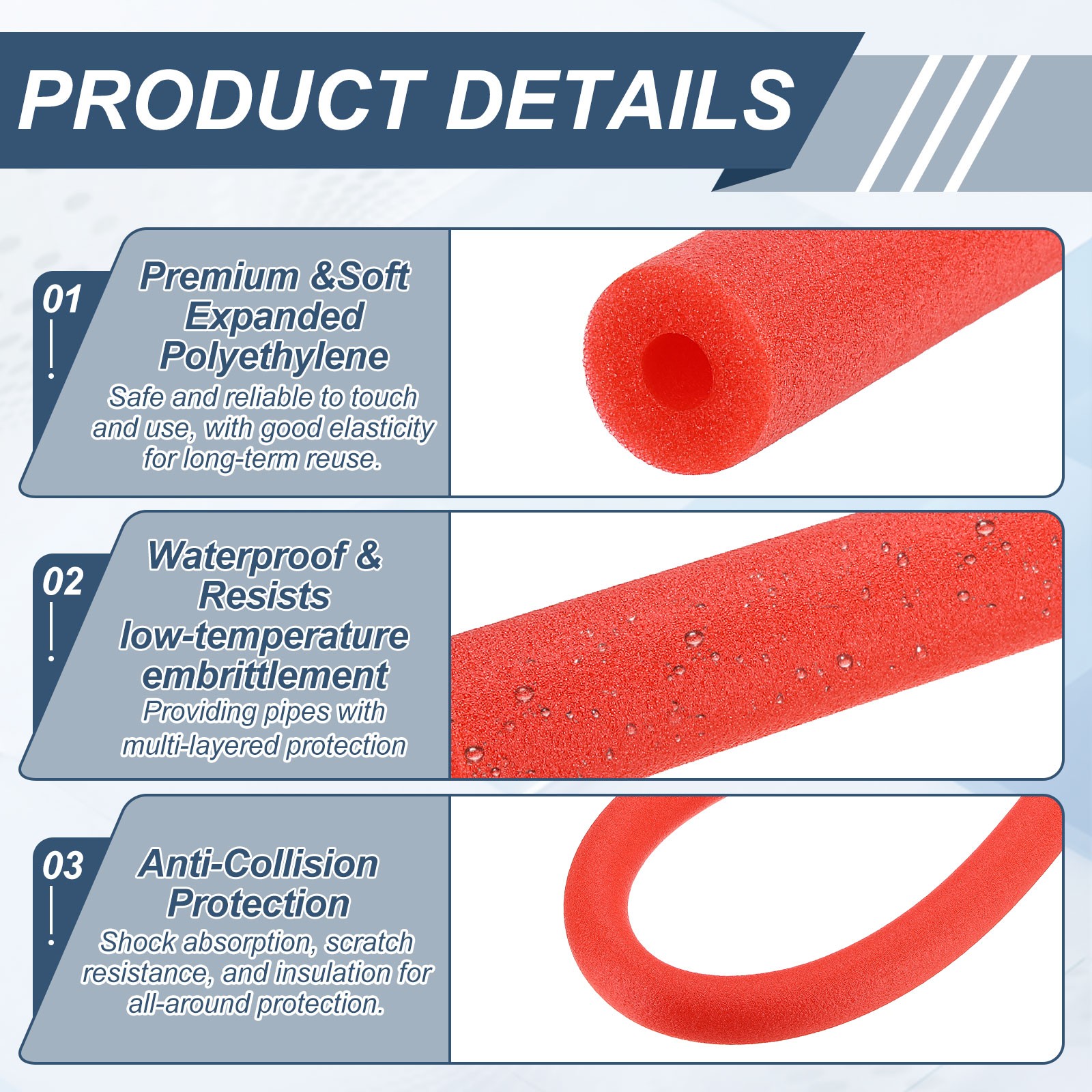 4pcs 1/2″ ID 3.3FT Pipe Insulation Foam Tube 1.38″ OD Tubing Cover Red
