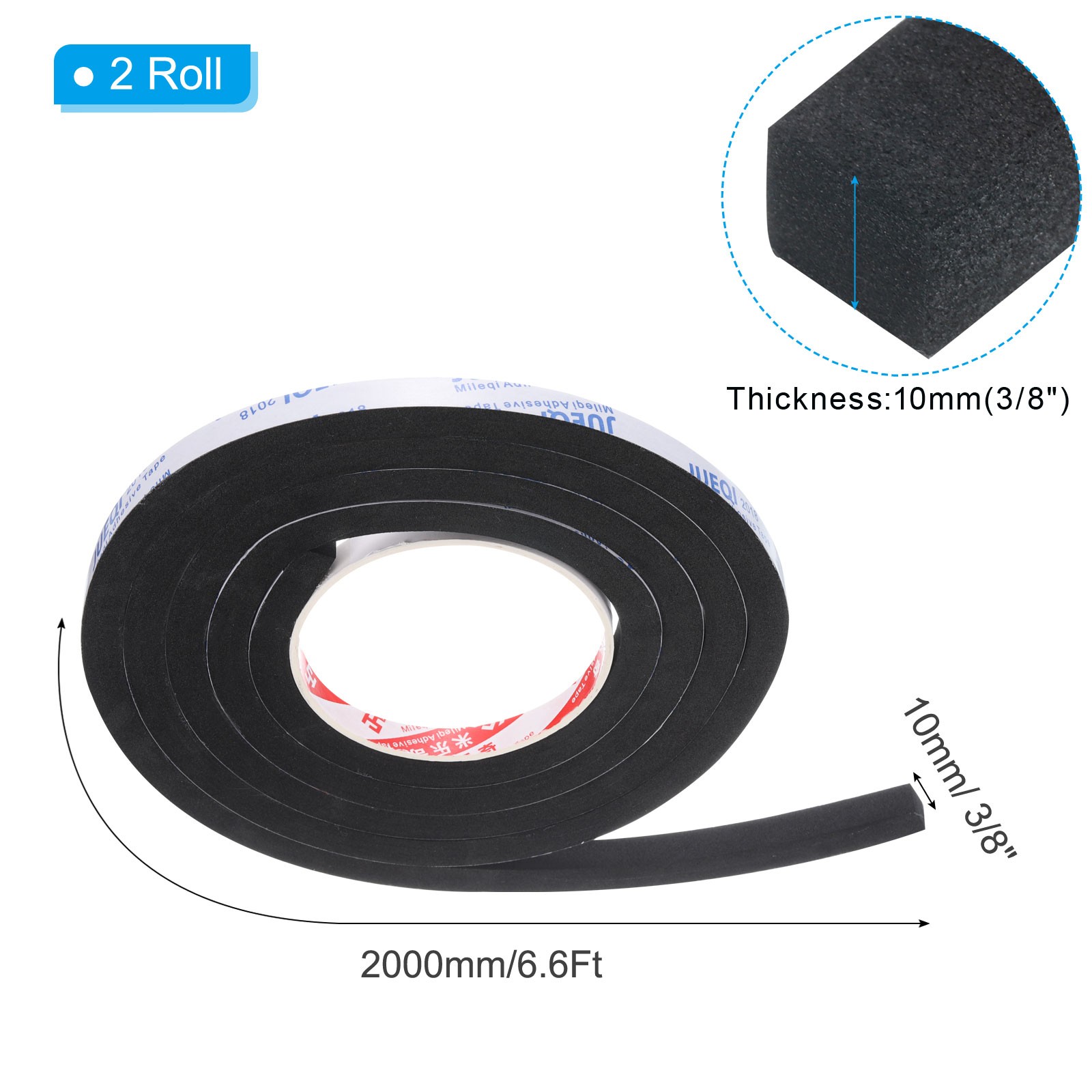 2 Roll 3/8″W x 3/8″T x 6.6Ft Self-Adhesive EVA Insulation Foam Tape, Black