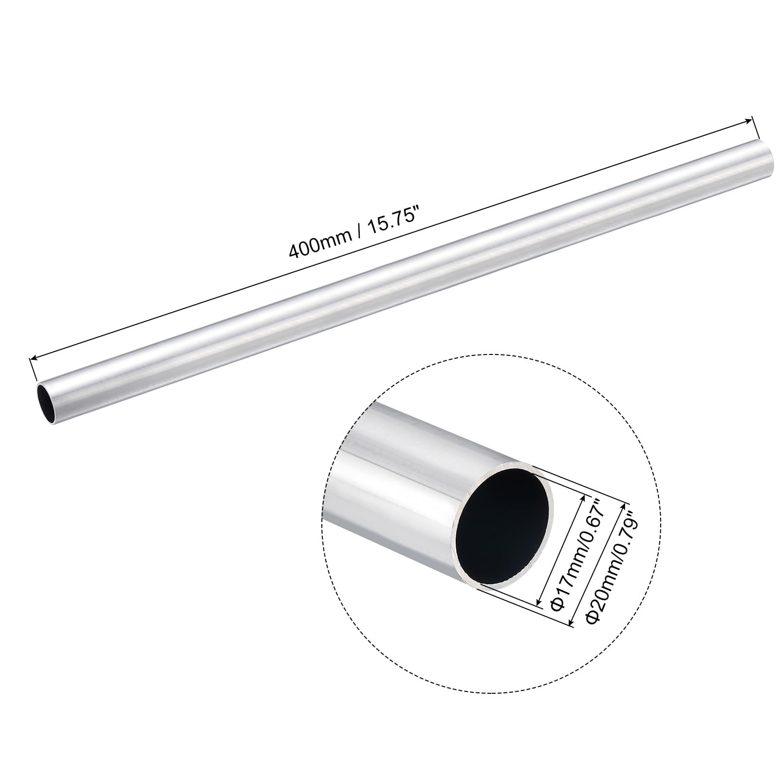uxcell 6063 Aluminum Round Tube, 20mm OD x 17mm x 400mm, Silver Tone