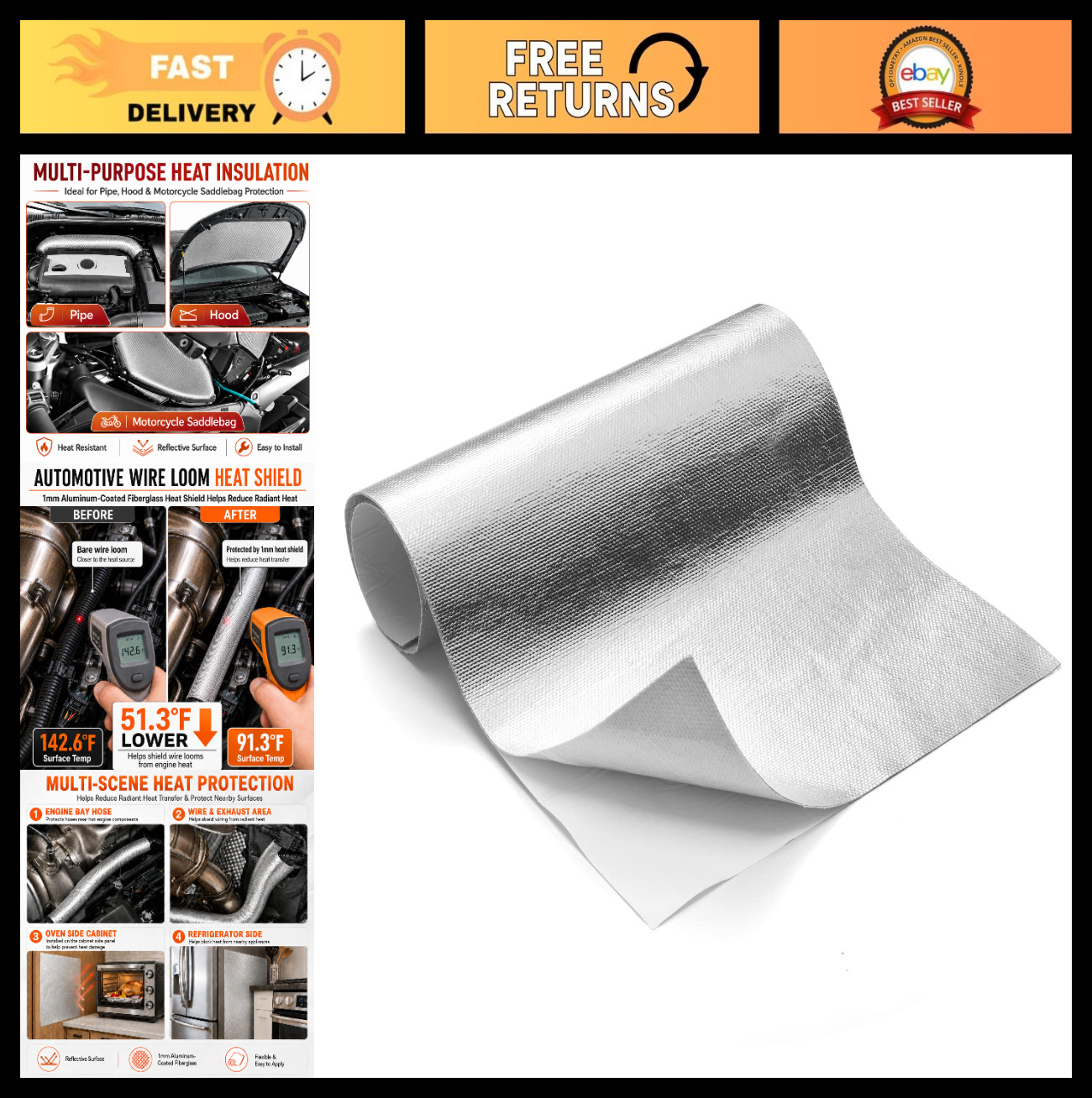 Aluminized Heat Shield Thermal Barrier Blanket 24″ x 40″ – Reduces 90% Radiant H