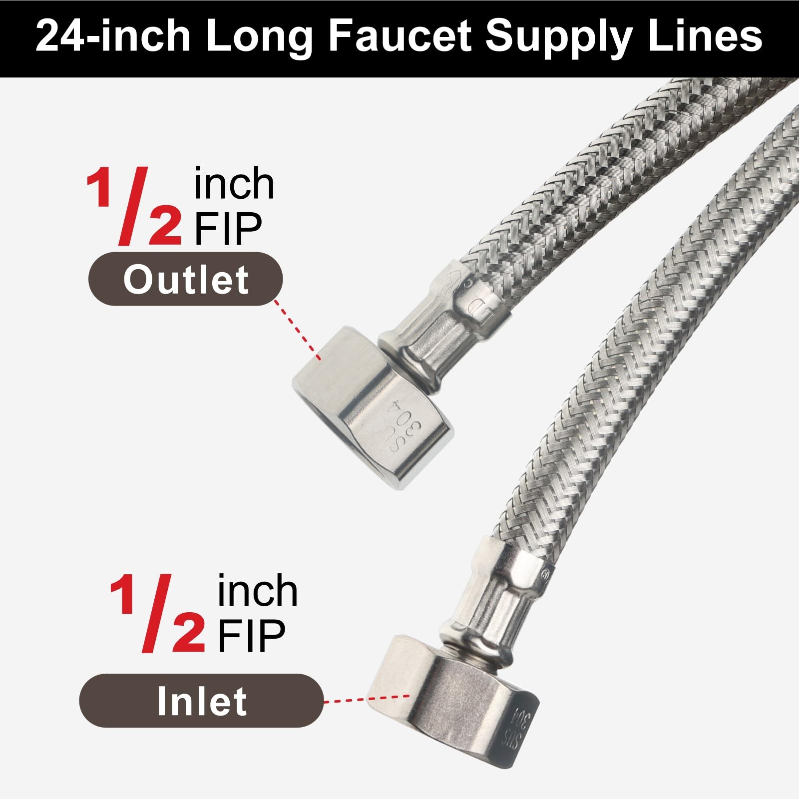 Midanya Faucet Supply Lines,24″ Stainless Steel Braided Water 24 Inch, White