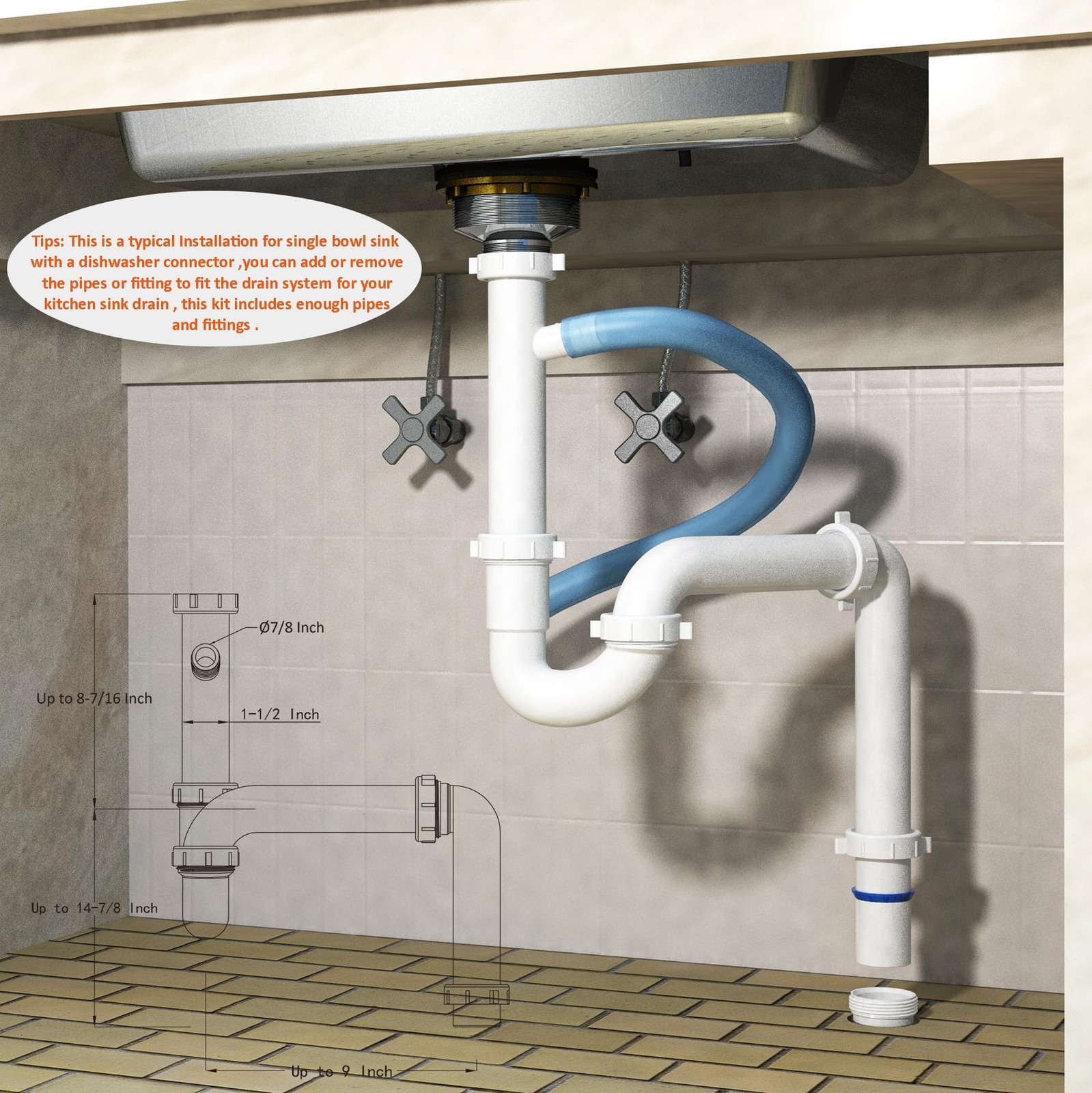 Kitchen Sink Drain Kit,1-1/2”,for Most Repair Kit White