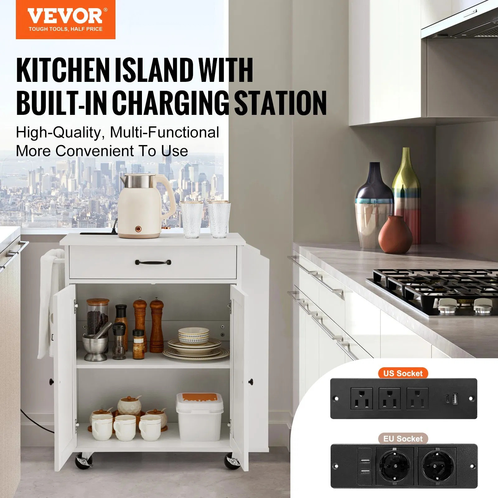 Kitchen Island Cart, 32″ Mobile Carts with Storage Cabinet, Rolling Table with P