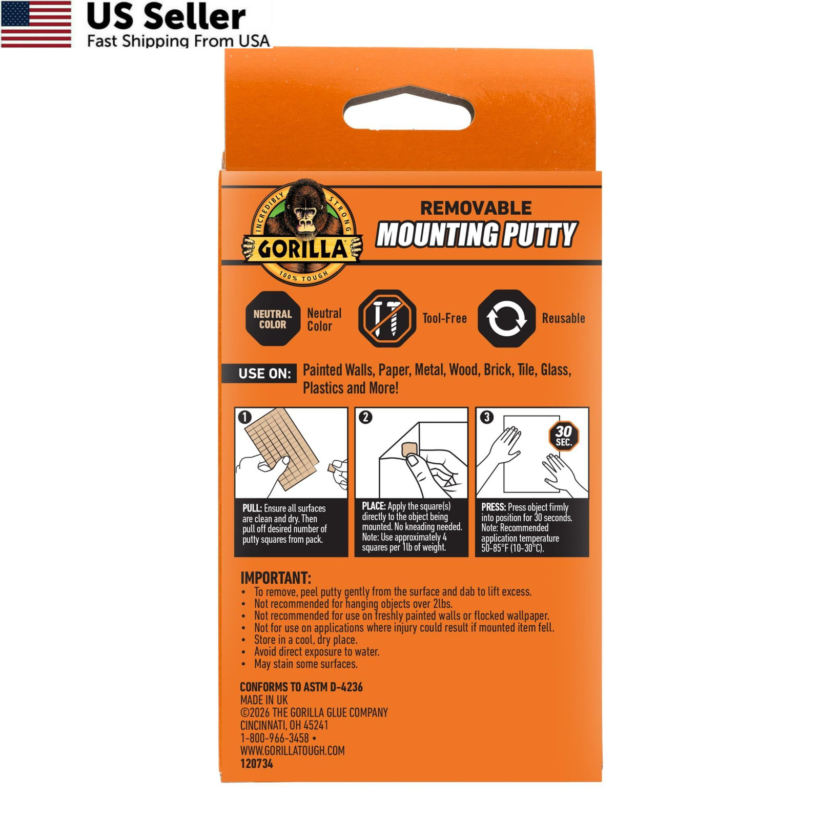 Gorilla Mounting Putty, Natural Tan Color, 168 168 Squares,