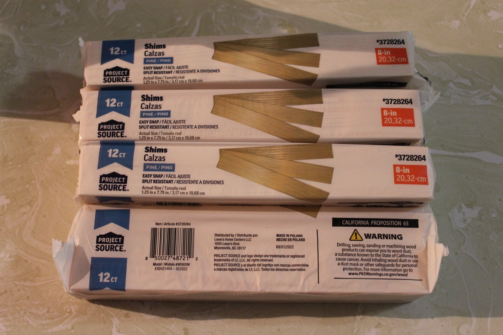 Lot of (4) 12 Ct Pine Wood 8″ Shims Split Resistant 1-1/4in Wide Easy Snap NIP