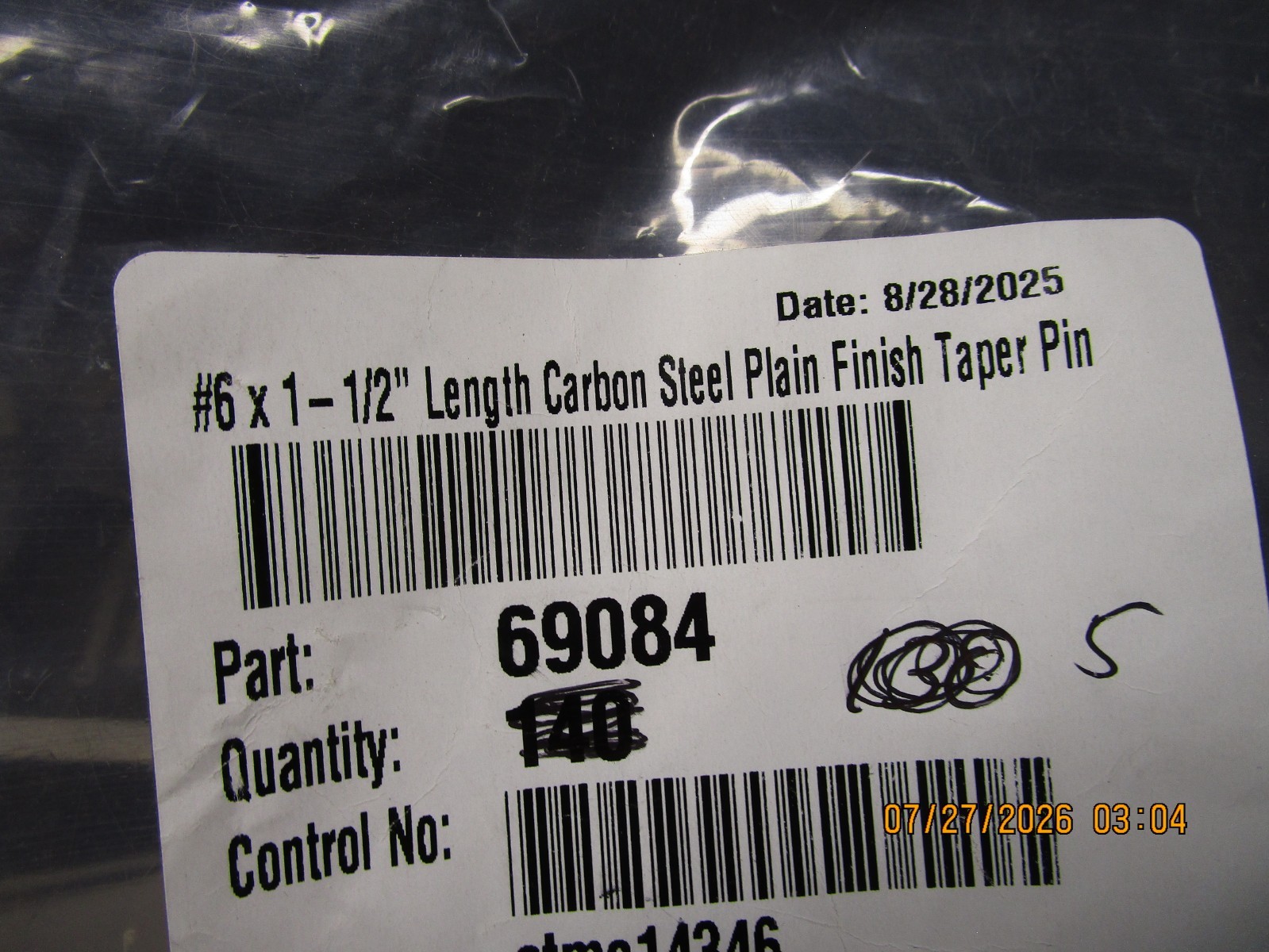 #6 x 1-1/2″ Length Carbon Steel Plain Finish Taper Pin QTY 5