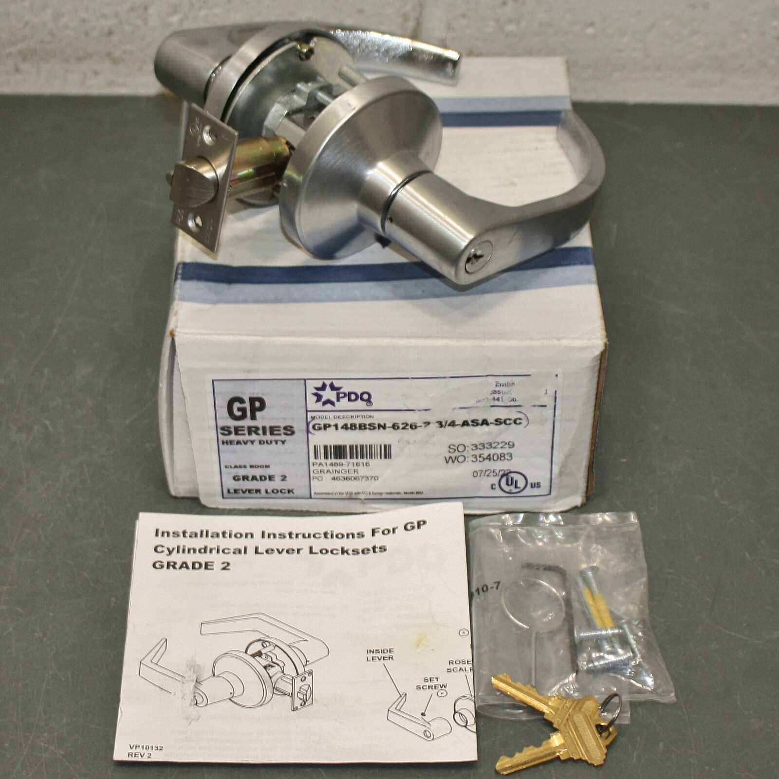 PDQ Door Lever Lockset GP148BSN626234ASASCC, Classroom ANSI F84, Lever Handle