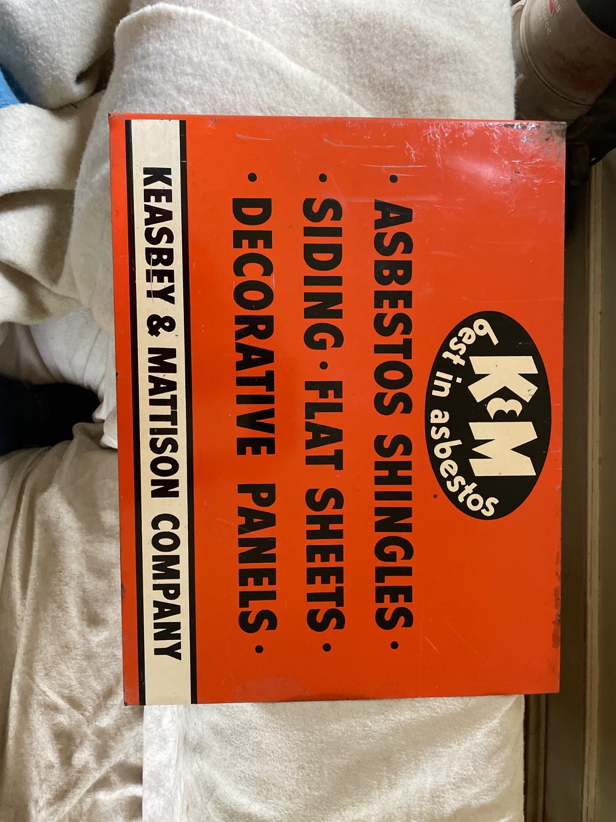 RARE Vintage K & M “Best in Asbestos” double sided porcelain/enamel flange sign