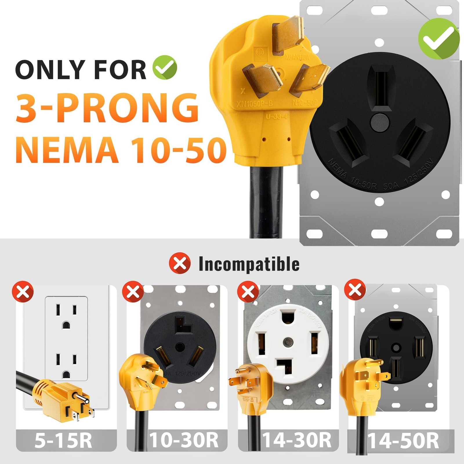 MECMO 50A 220 to 110 Household T-Blade Adapter, NEMA 10-50P 4X Yellow