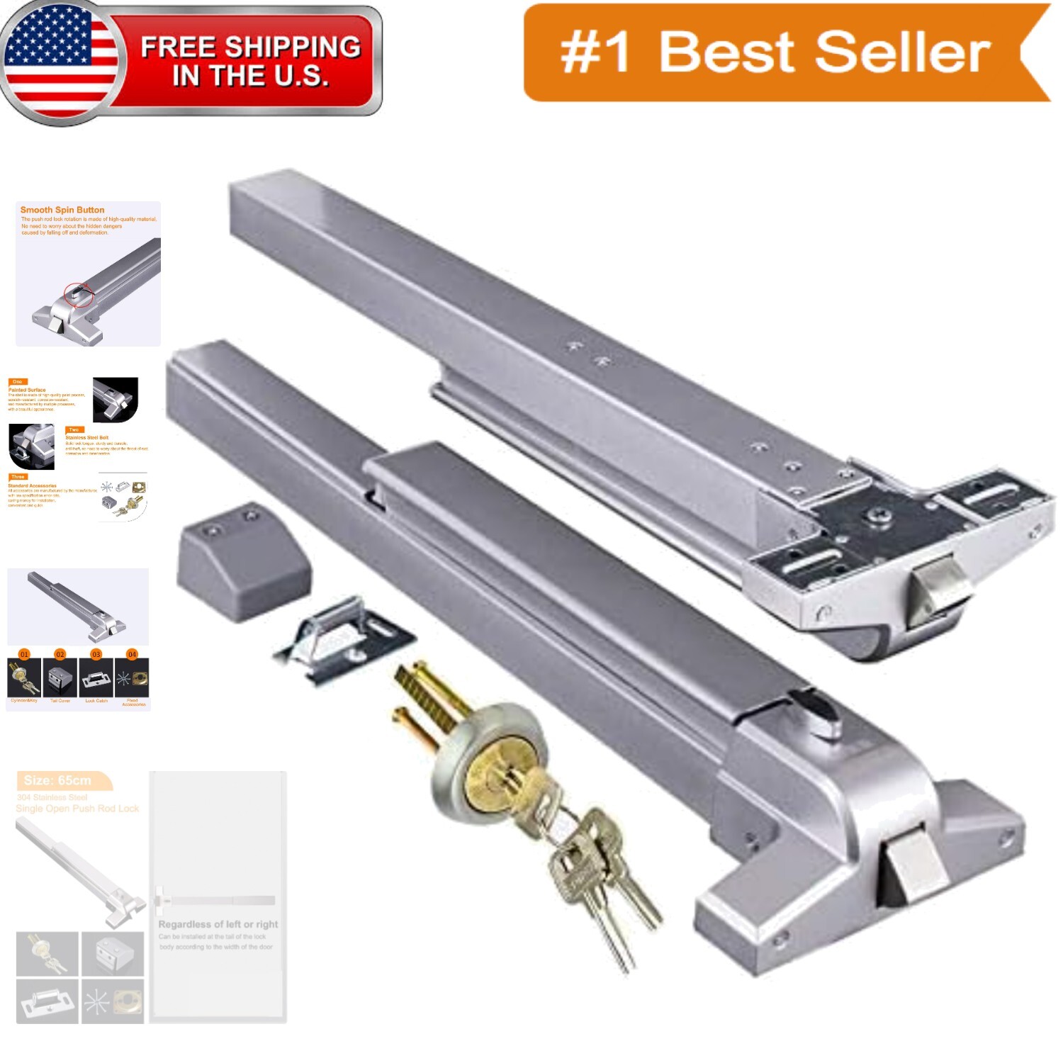 Commercial Door Push Bar with Key Lock – Emergency Safety Device, Easy Install