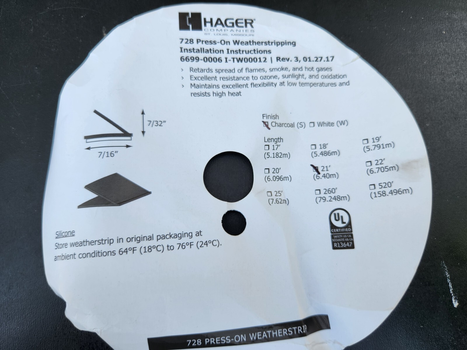 Hager 728 CHARCOAL 21′ Press-on TPE Weatherstrip