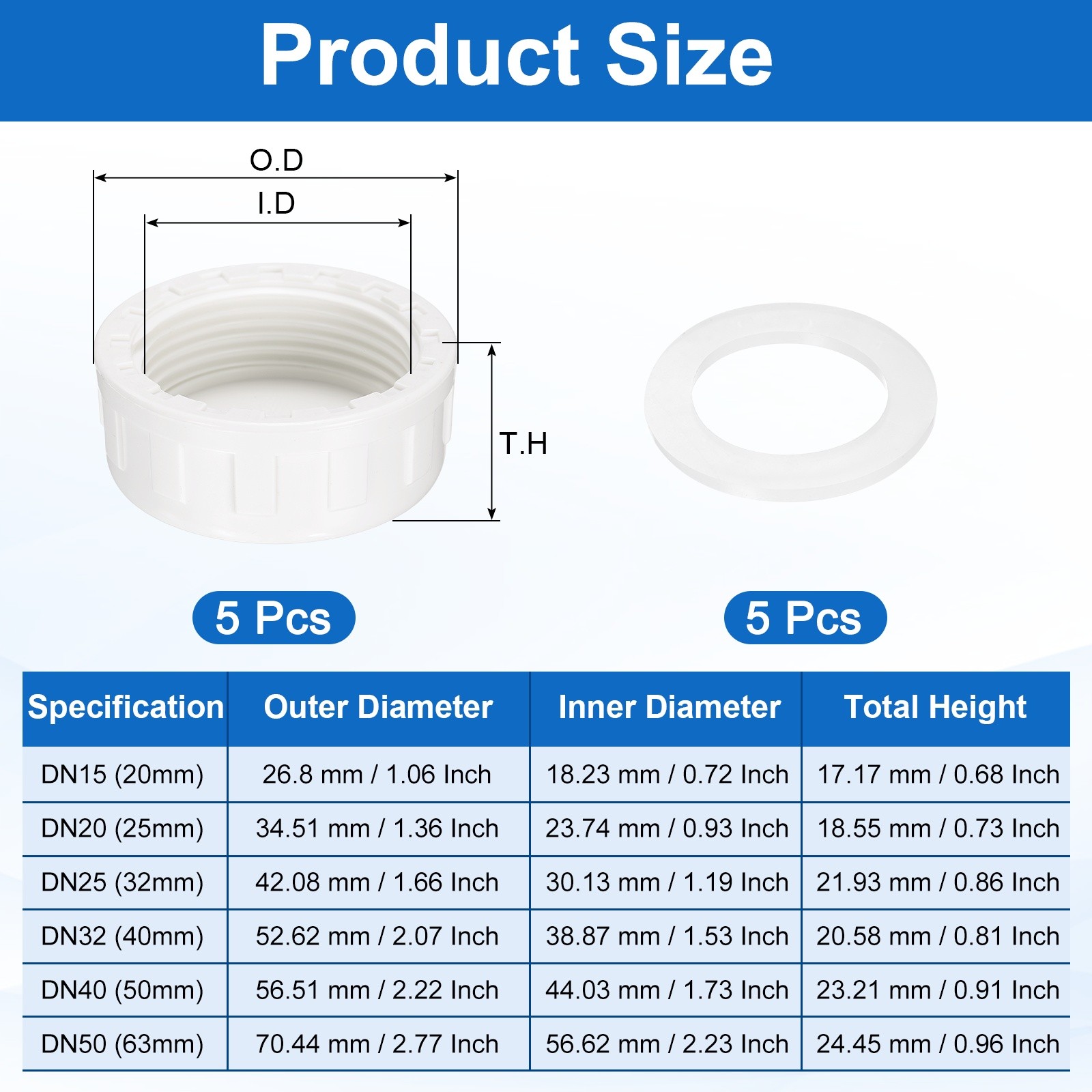 5Pcs 1-1/4 Inch PT Female Thread PVC Pipe Fitting Cap with Gasket White