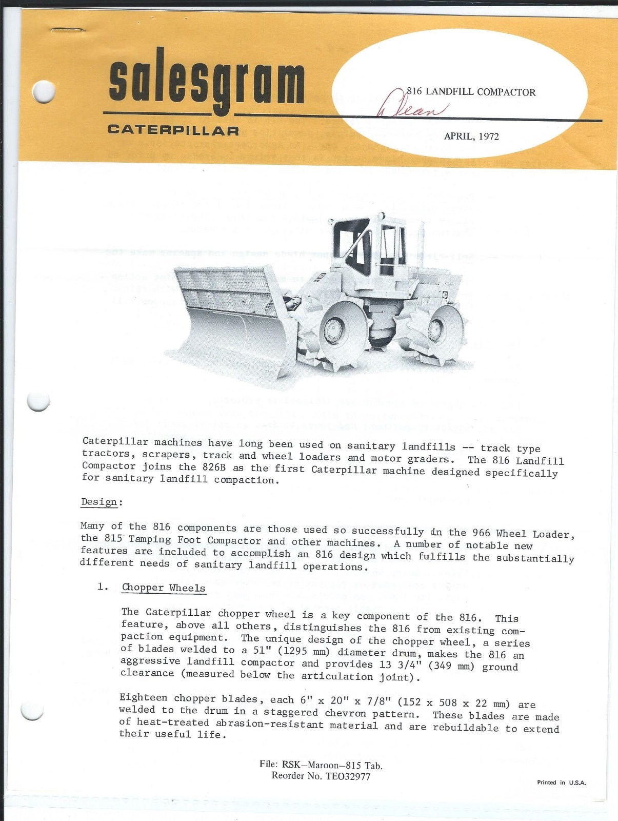 Equipment Brochure – Caterpillar – 816 – Landfill Compactor – 1972 (E3660)