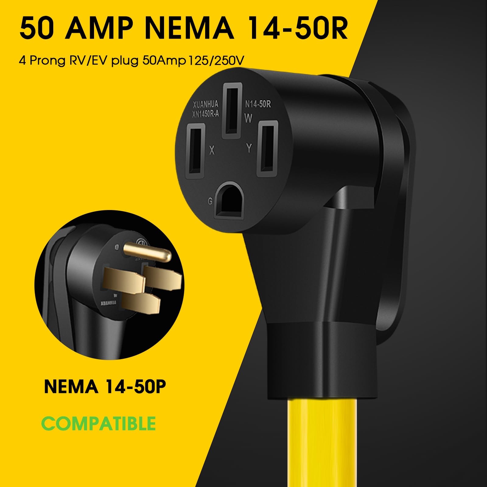 LAZMUMI NEMA 6-50P to 14-50R EV Charger Adapter 10FT, Yellow and Black
