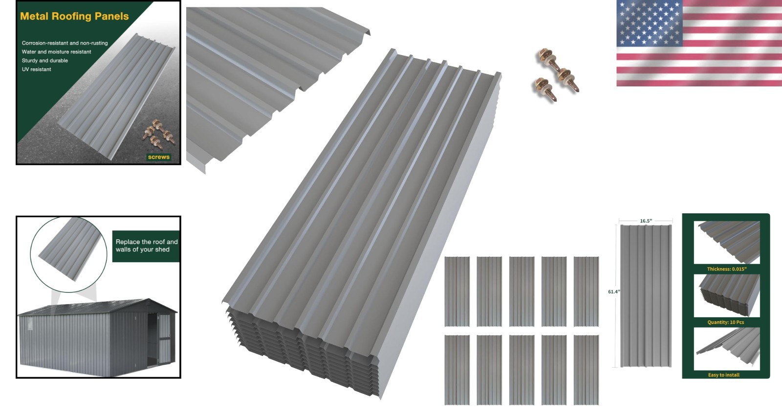 Easy Install 10pc 5.1ft Metal Roofing Panels Galvanized Steel Shed Pergola DIY