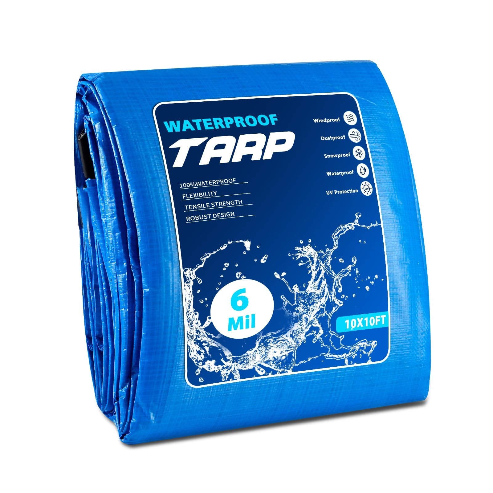 Heavy Duty Waterproof Tarp 10×10 FT, 6 Mil Thick Tarpaulin Cover with Reinfor…