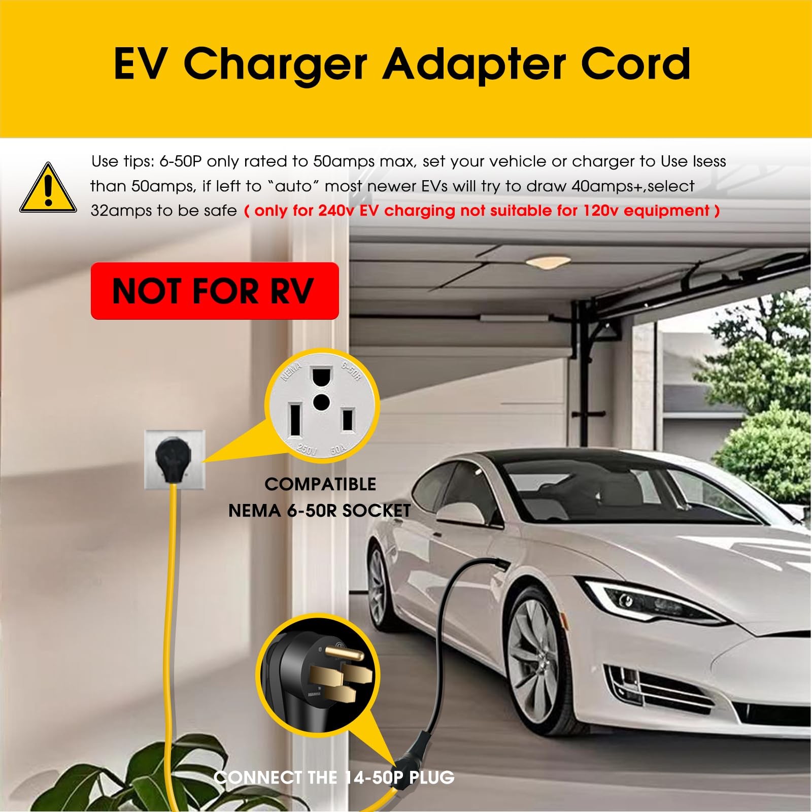 LAZMUMI NEMA 6-50P to 14-50R EV Charger Adapter 10FT, Yellow and Black
