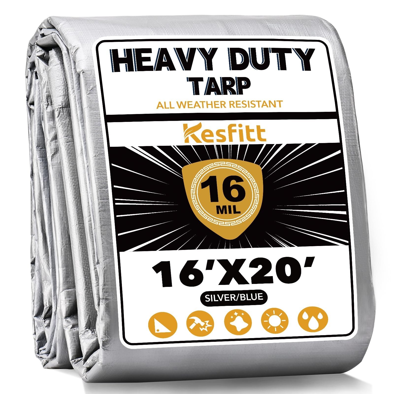Kesfitt 16 Mil Heavy Duty Waterproof Tarp with Metal Grommets, 16×20 ft, Silv…