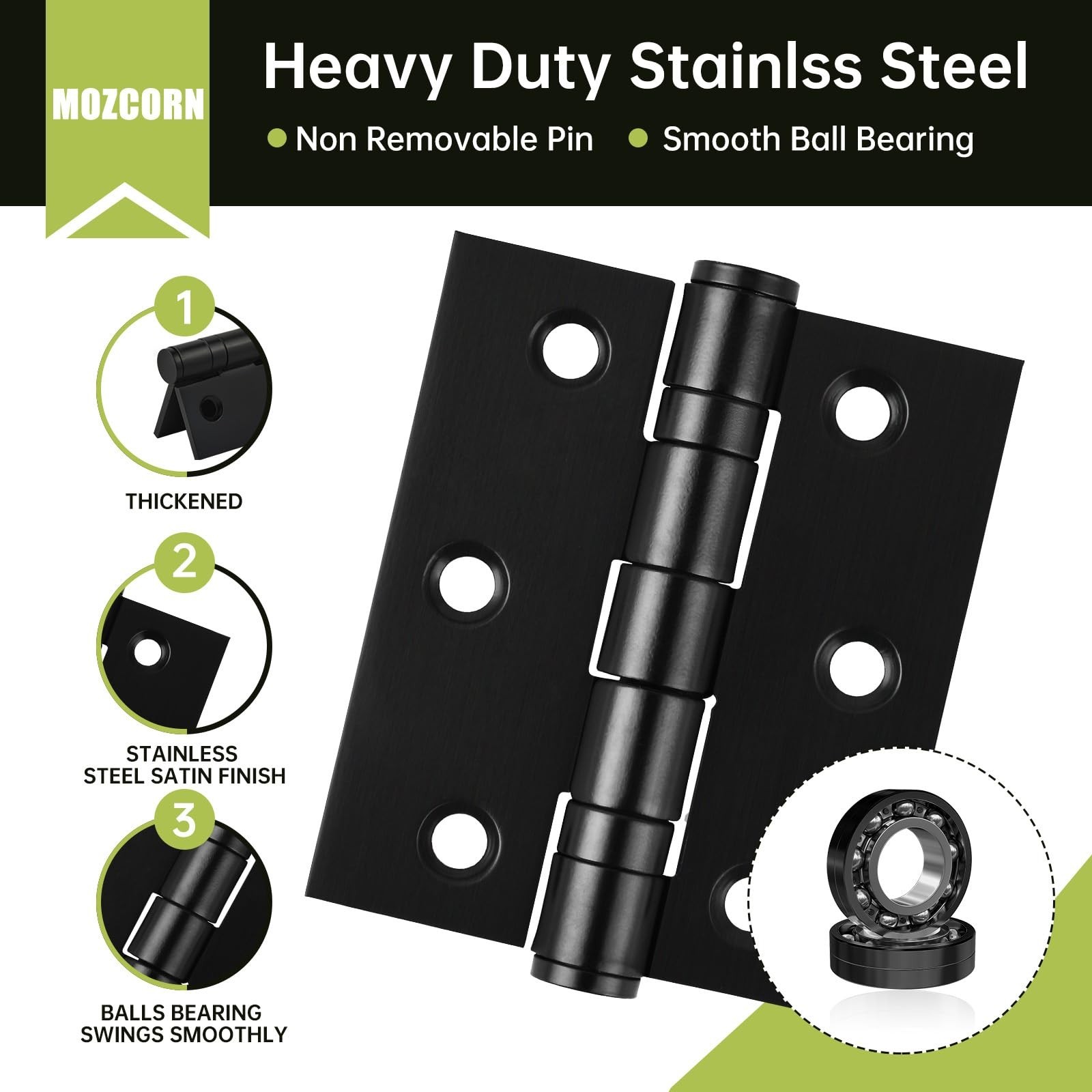6-Pack Black Door Hinges, 3 Inch Heavy Duty Stainless Steel Hinge for Interio…